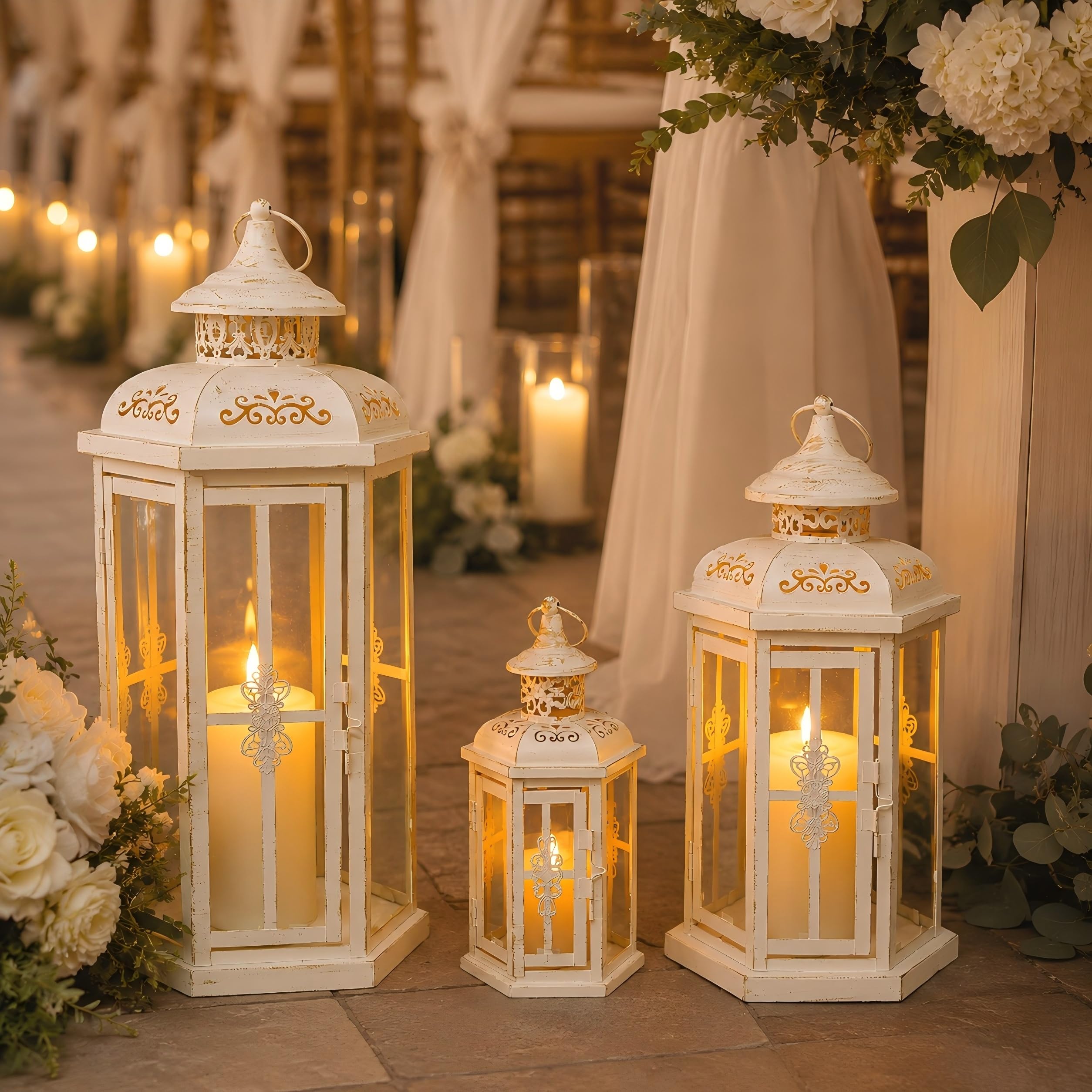 JHY DESIGN Zestaw 3 dekoracyjnych lampionów świecowych, 50 cm, 35 cm, 25 cm, do użytku na zewnątrz, na imprezy, imprezy i wesela (białe ze złotą szczotką)
