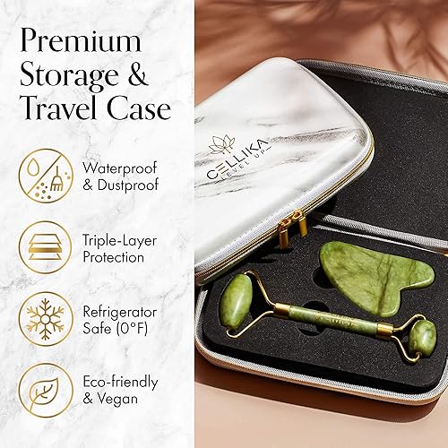 Miniatura 3 de Xiuyan - Juego de rodillo de jade y gua Sha con funda de viaje a prueba de golpes herramienta de cuidado de la piel rodillo de jade real Cellika