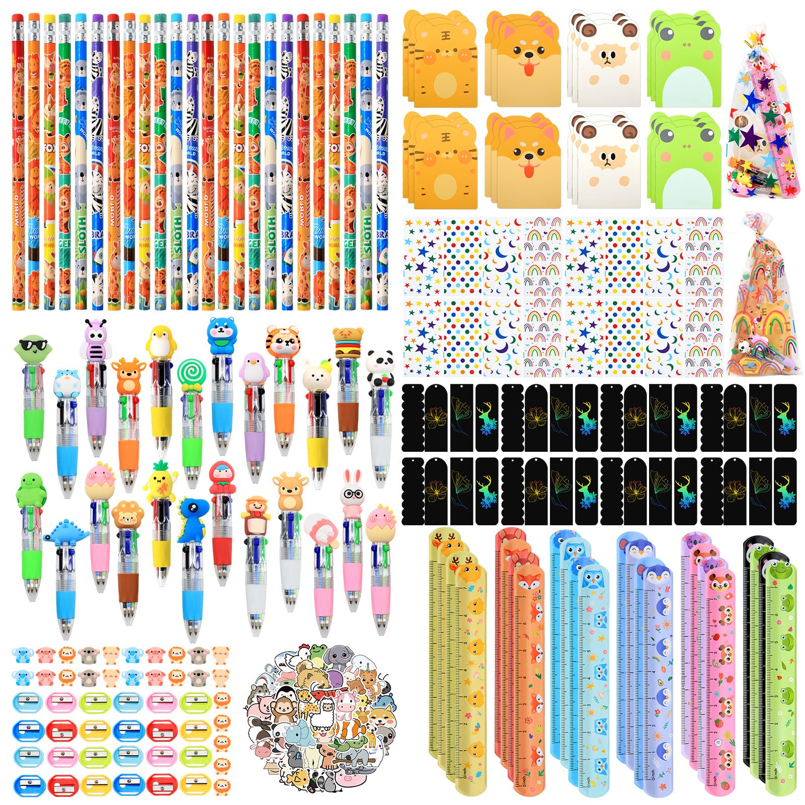 Scettar Confezione da 24 sacchetti di cancelleria per feste di compleanno, con penna multicolore, mini quaderni con gomme da cancellare, per aula di compleanno, regali di ritorno