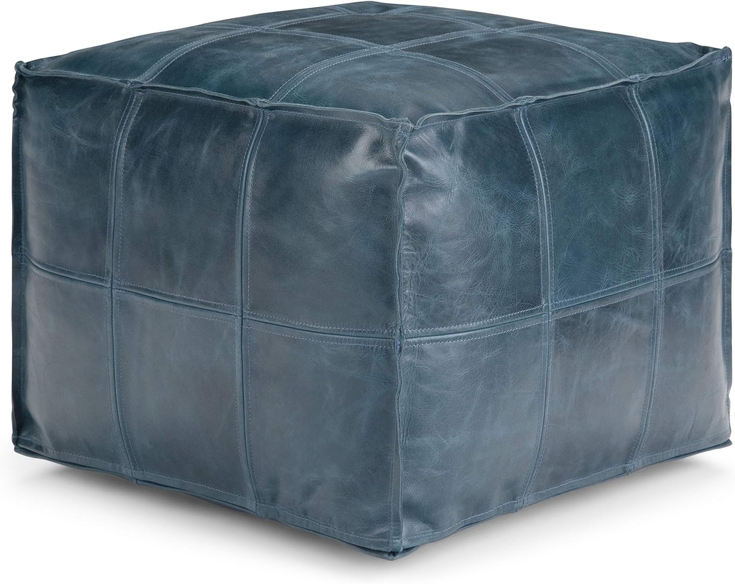 SIMPLIHOME Manning Square Pouf, Footstool, Upholstered in Teal Leather, for the Living Room, Bedroom and Kids Room, Boho