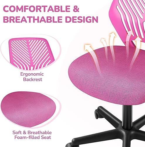 Miniatura 4 de Yaheetech Linda silla de escritorio para estudiantes, silla de estudio sin brazos con soporte lumbar, silla giratoria ajustable en el hogar, Rosa