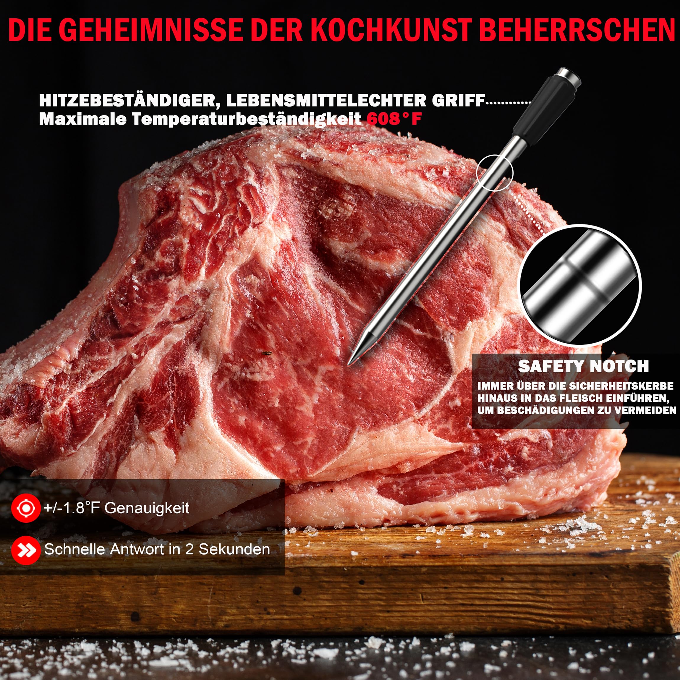 Termometro per barbecue senza fili, con due sonde più sottili, APP Bluetooth, 100 m, termometro per arrosti, per forno, barbecue, rotisserie Airfryer (Two Probes)