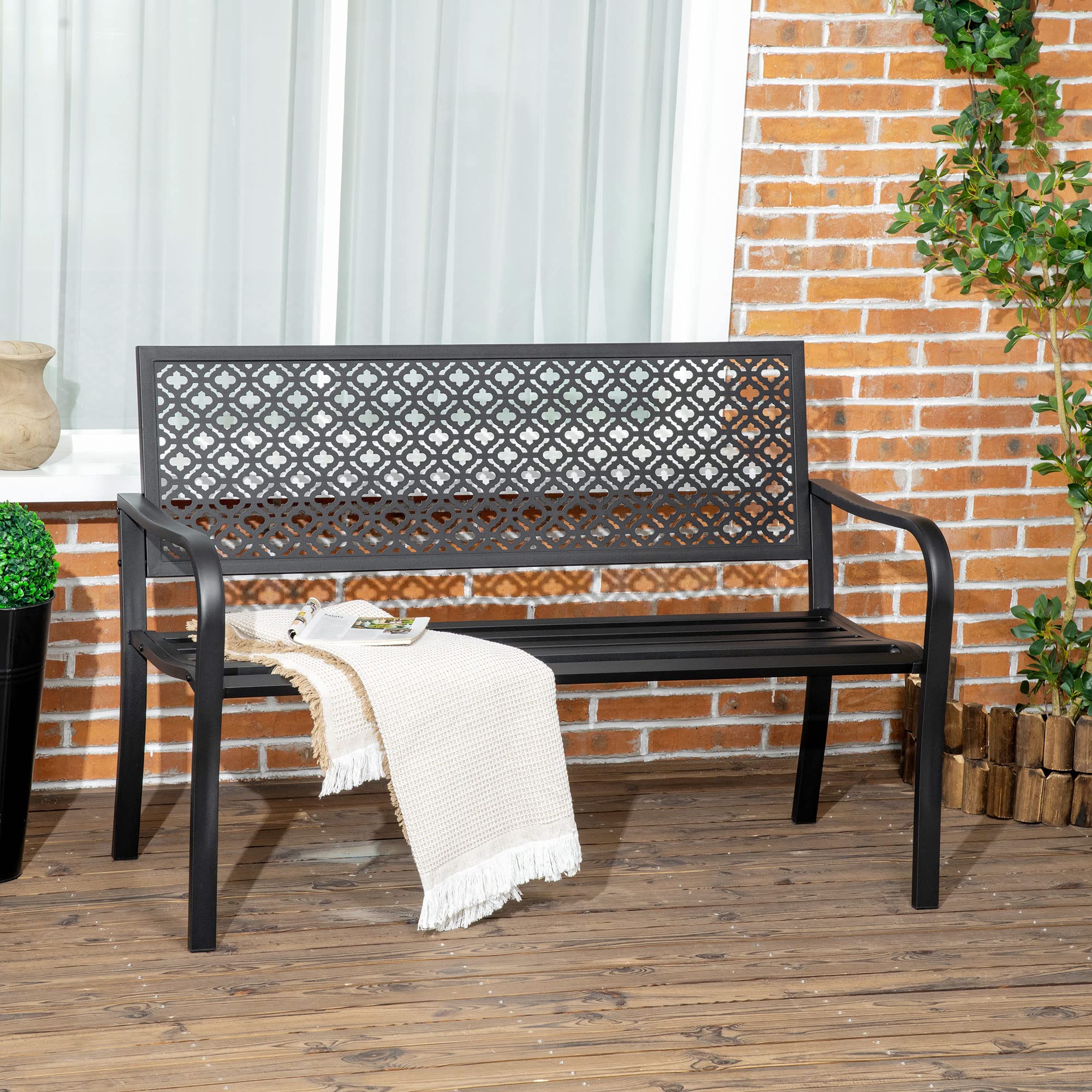 Outsunny Banco de Jardín de Acero Banco Exterior 127x63x83 cm Negro | 2 Plazas, Respaldo Decorativo Estampado, Terraza Balcón Patio, Carga 240 kg