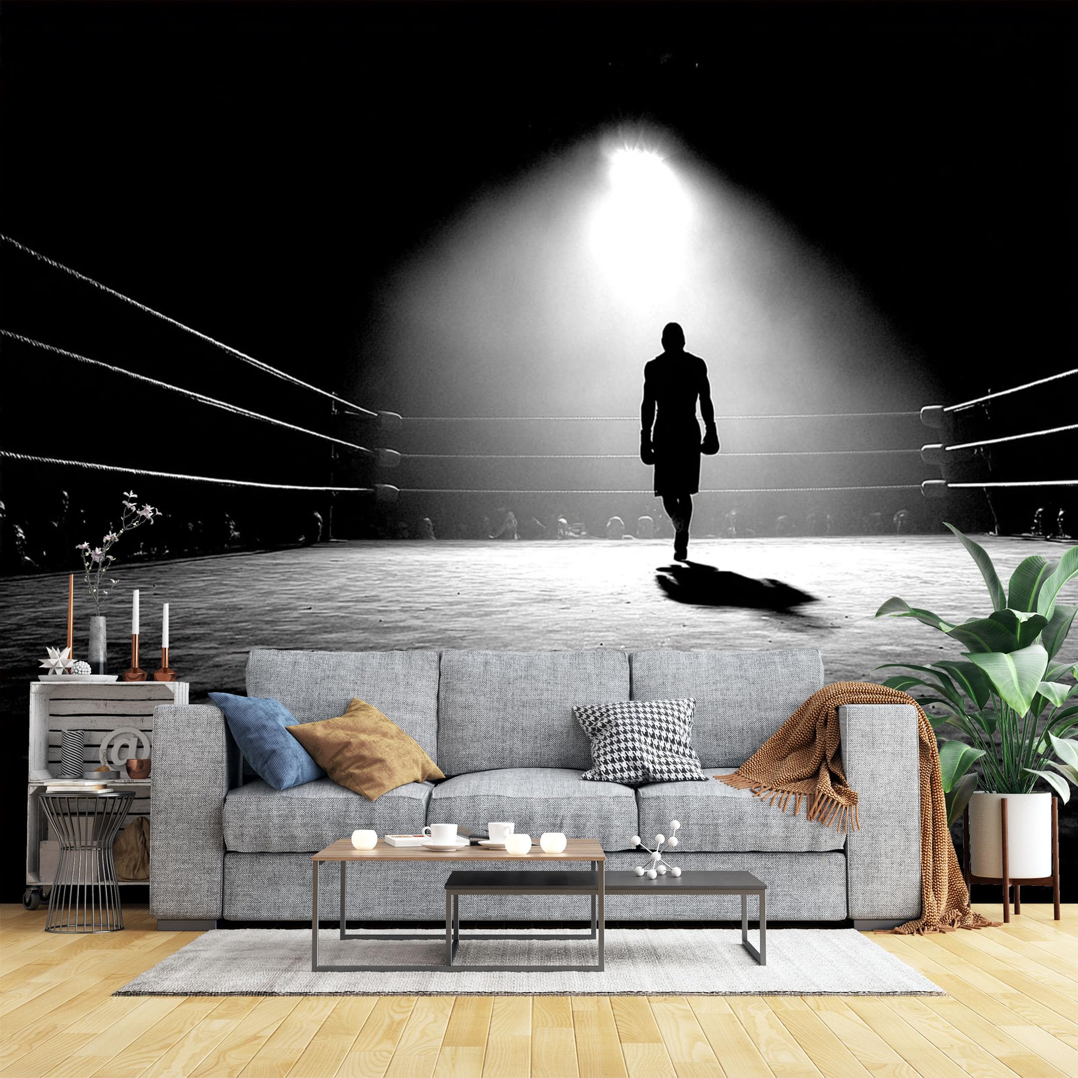 Custom Size Wall Murals Boxer Silhouette in Spotlight Wall Murals Sports Wallpaper, HD Self-Adhesive Removable Wallpaper for Gym