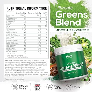 Nu U Nutrition - Greens Powder 300g - 17 Superfood Ingredients - 60 Servings - Unflavoured, Unsweetened - Ultimate Greens Blend with Maca, Beetroot & Inulin - 100% Vegan - Made in the UK