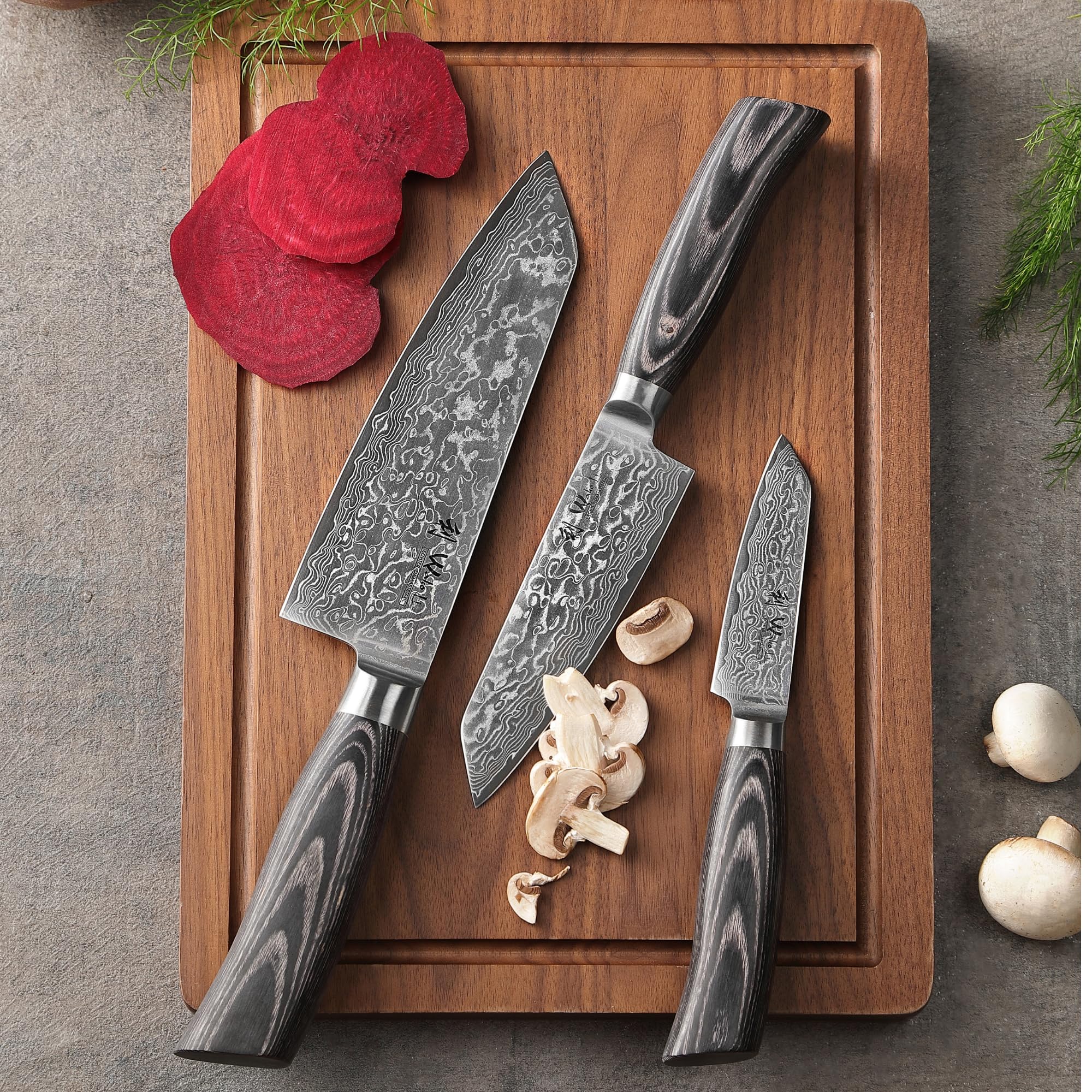 WAKOLI EDIB Pro Black Set de 3 Couteaux de Cuisine Professionnels en Damas | lames à 67 couches avec noyau VG10, manches en bois de pakka, élégant coffret cadeau en bois pour présentation et rangement
