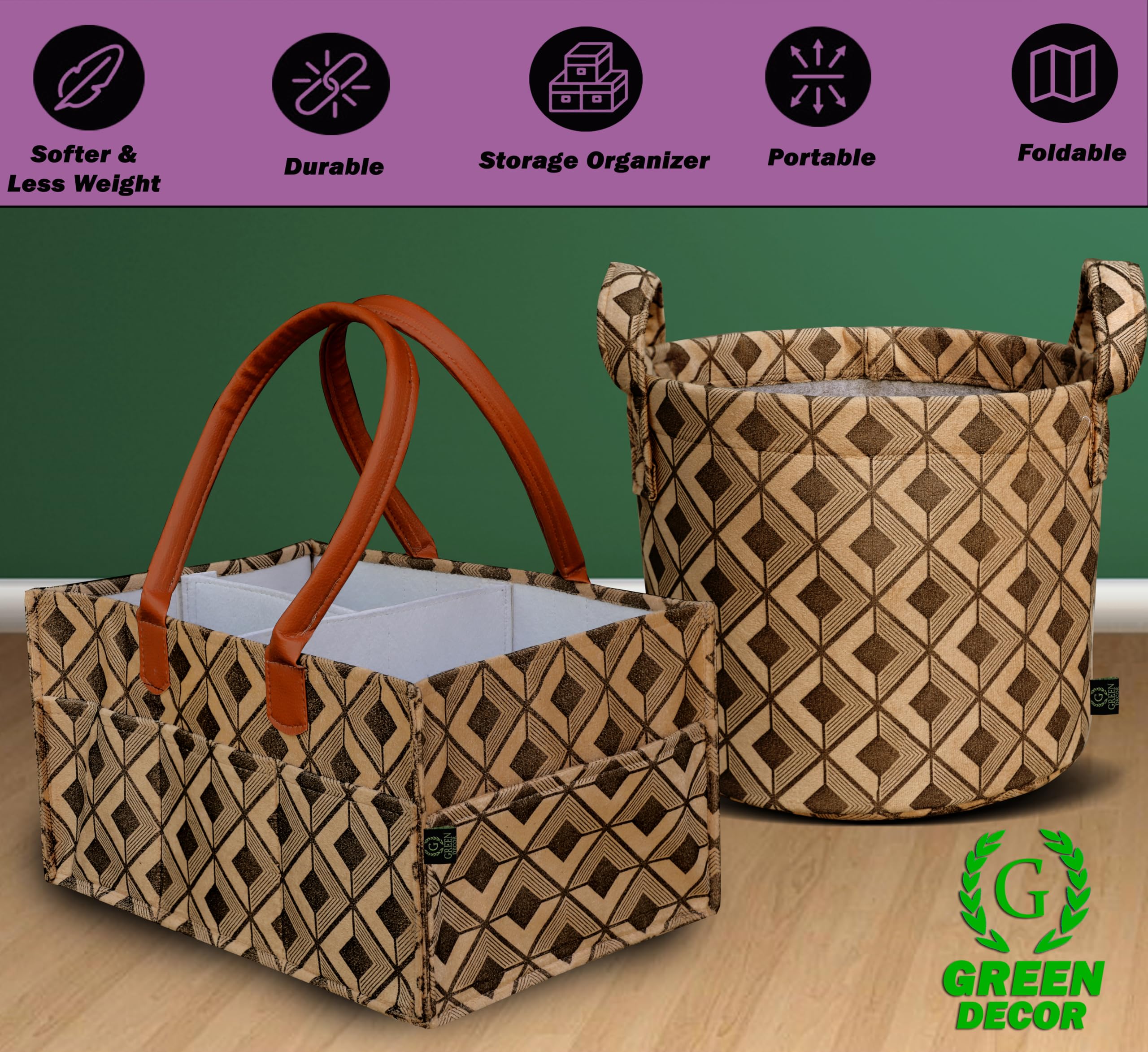GREEN DECOR - Non Woven Fabric 2 IN 1 Designer Diaper Caddy & Toy Bin With Handles Combo for Smart Mothers Newborn Baby Products Unbreakable Toy Bins Foldable & Portable (Square Check Print, Brown) - Image 3 thumbnail
