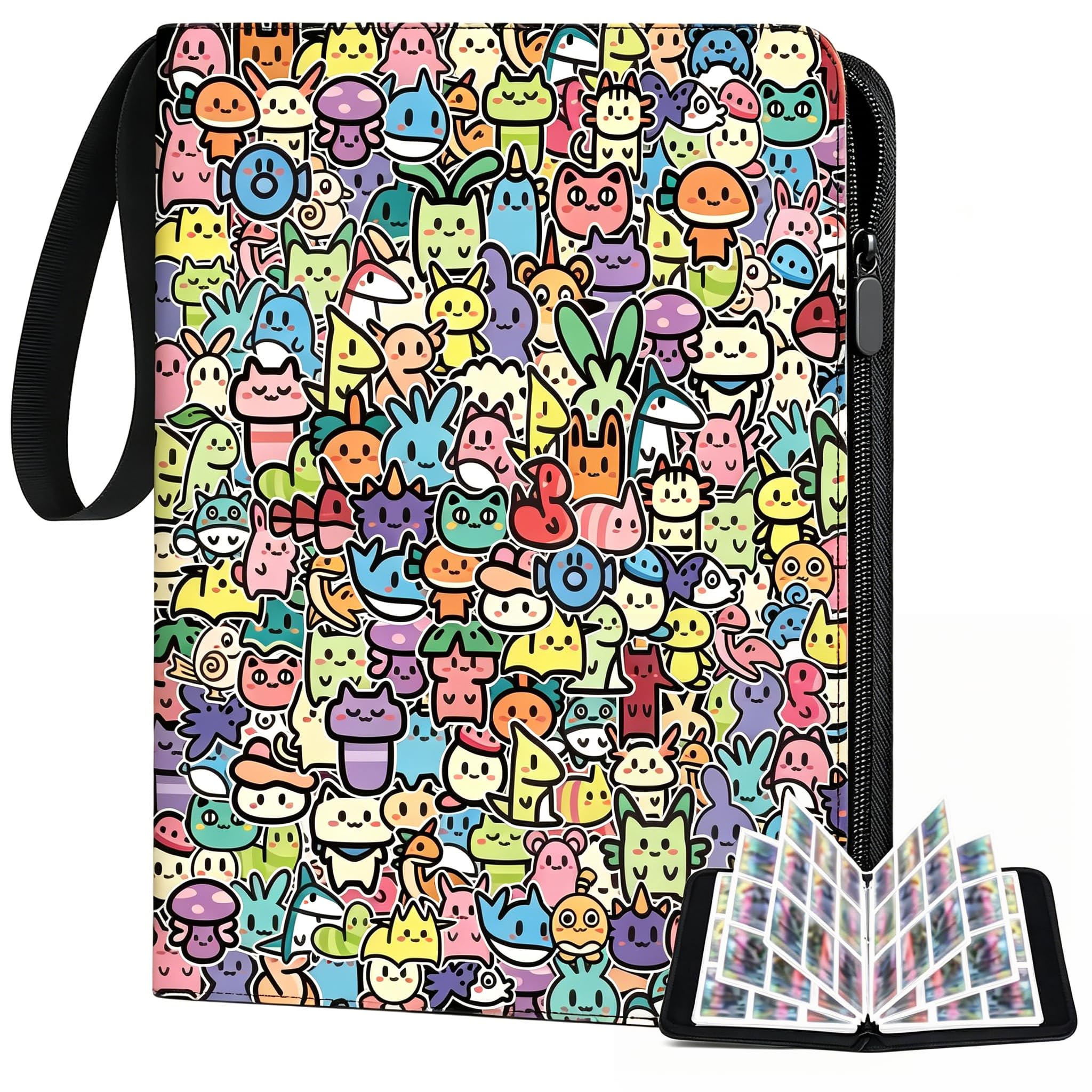 9 Pocket Card Binder, 900 Pockets Capacity Holds 50 Pages, PU Zipper Trading Card Album, Color Hand-Drawn Cartoon Design, Compatible with Pokemon Cards