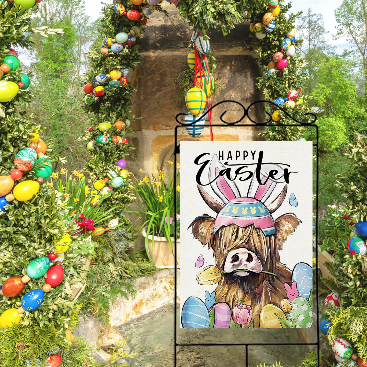 Happy Easter Highland Cow Decorative House Flag, Cute Easter Eggs Peeps Farm Garden Yard Outside Decoration, Spring Farmhouse Rustic Burlap Outdoor Large Home Decor Double Sided 28 x 40 - Image 6