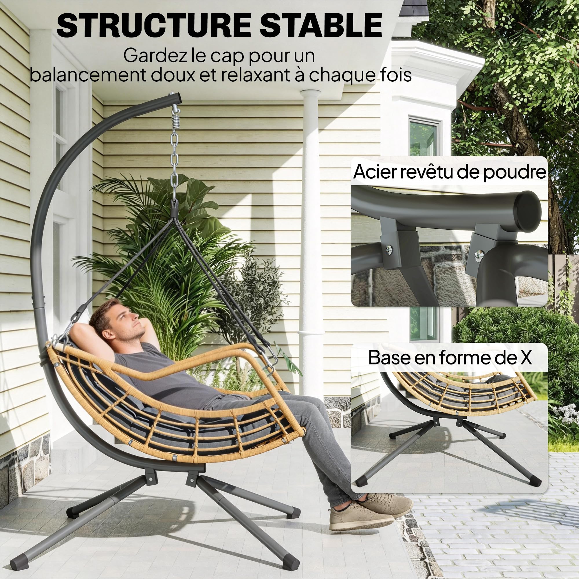 Outsunny Fauteuil Suspendu en résine tressée avec Support, Chaise Suspendue, Chaise hamac balançoire, Coussin et Attache de sécurité, Hauteur réglable, Cadre en Acier, intérieur et extérieur, Gris