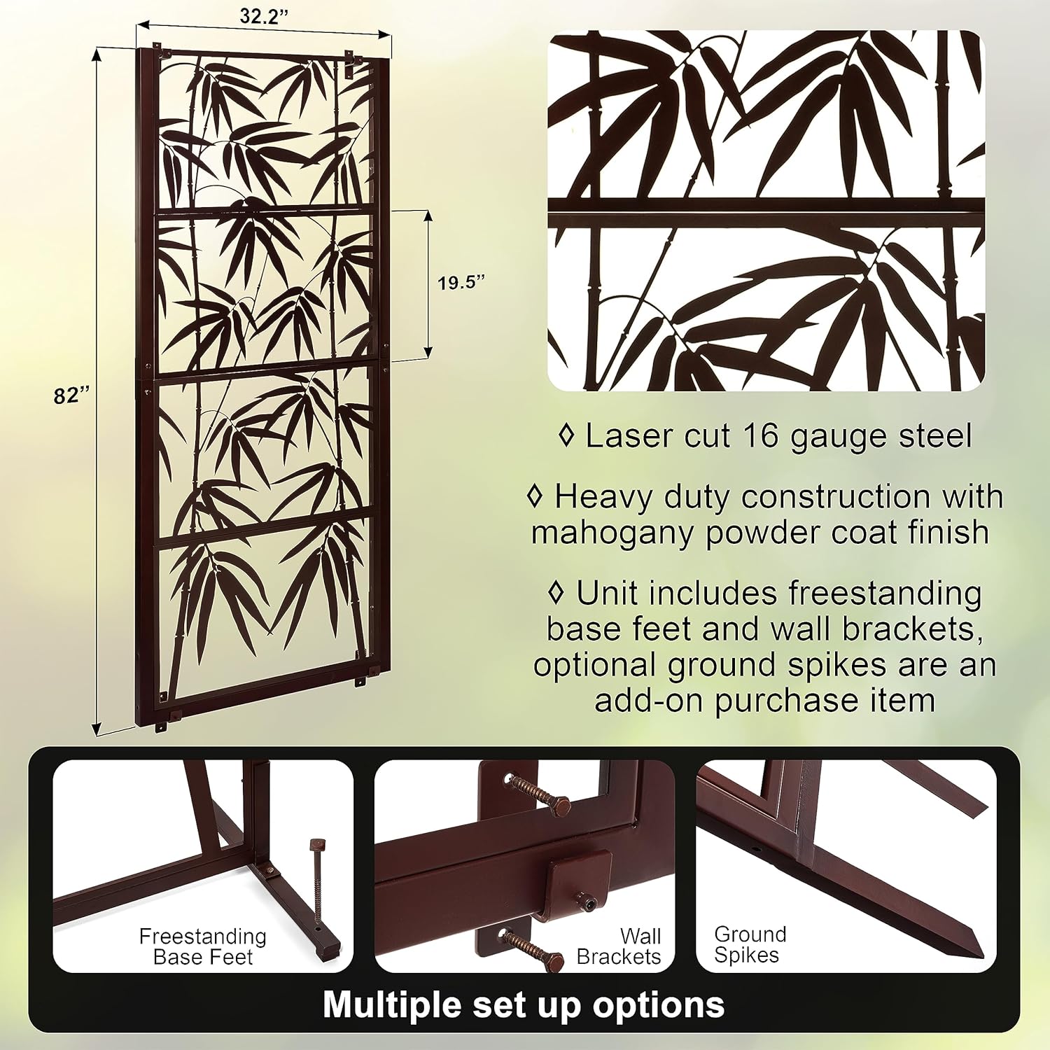 H Potter Freestanding Garden Trellis with Ground Stakes – 82" Metal Privacy Screen Panel, Outdoor Fence for Climbing Plants, Patio, Deck, Backyard Divider, Bamboo Design