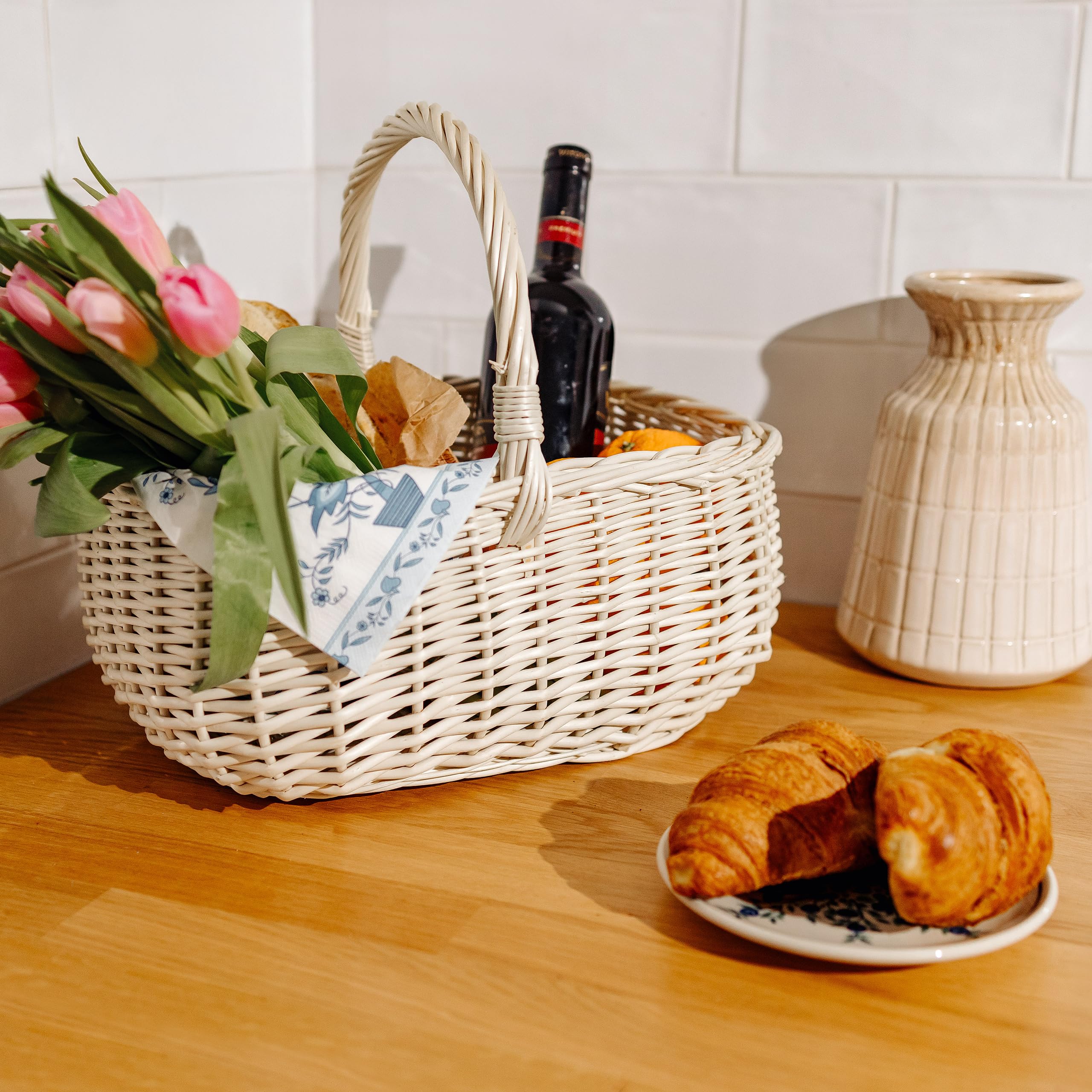 Creative Home Blanca Cesta de Mimbre Grande con Asa | 36 x 27 x 32 cm (+/- 2 cm) Ligera | para Picnic Plantas Almacenaje Decoración | Tejida a Mano | Marrón Natural | Multiuso, Práctica y Duradera