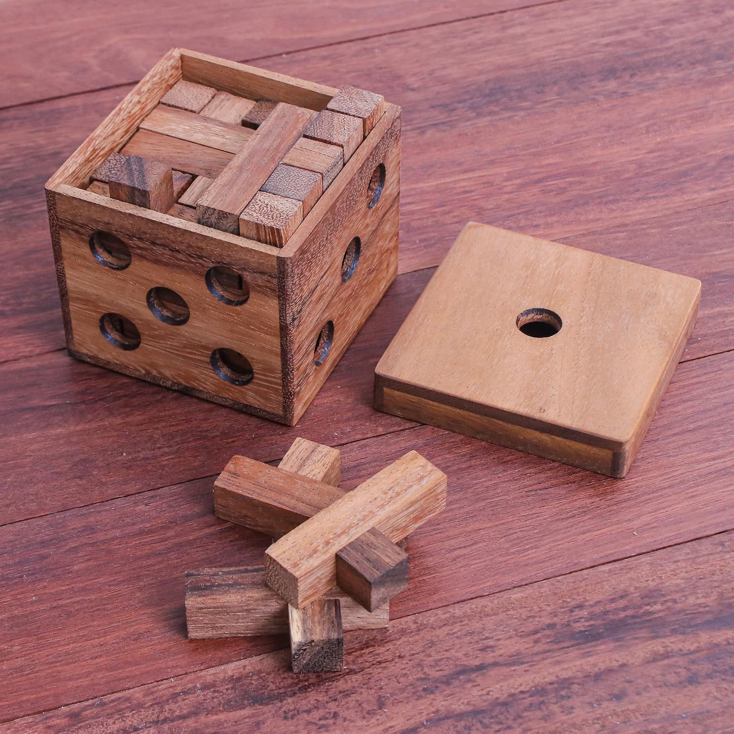 NOVICA Artisan Handmade Wood Puzzle Raintree Soma Cube from Thailand Brown Chess Sets Games Puzzles [Box 3.5in H x 3.5in W x 3.5in D Pieces 1.2in H x 2.4in W x 0.6in D] ' Soma Cube Challenge'