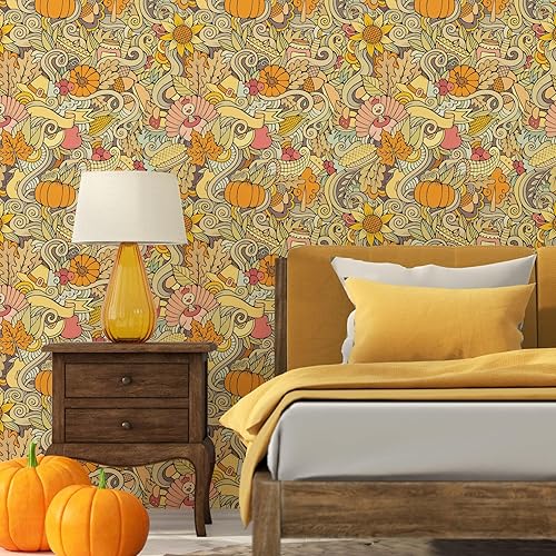 Miniatura 6 de Papel tapiz para despegar y pegar, estilo bohemio, marrón, Día de Acción de Gracias, retro, decoración de pared para baño, mural extraíble de 17.7