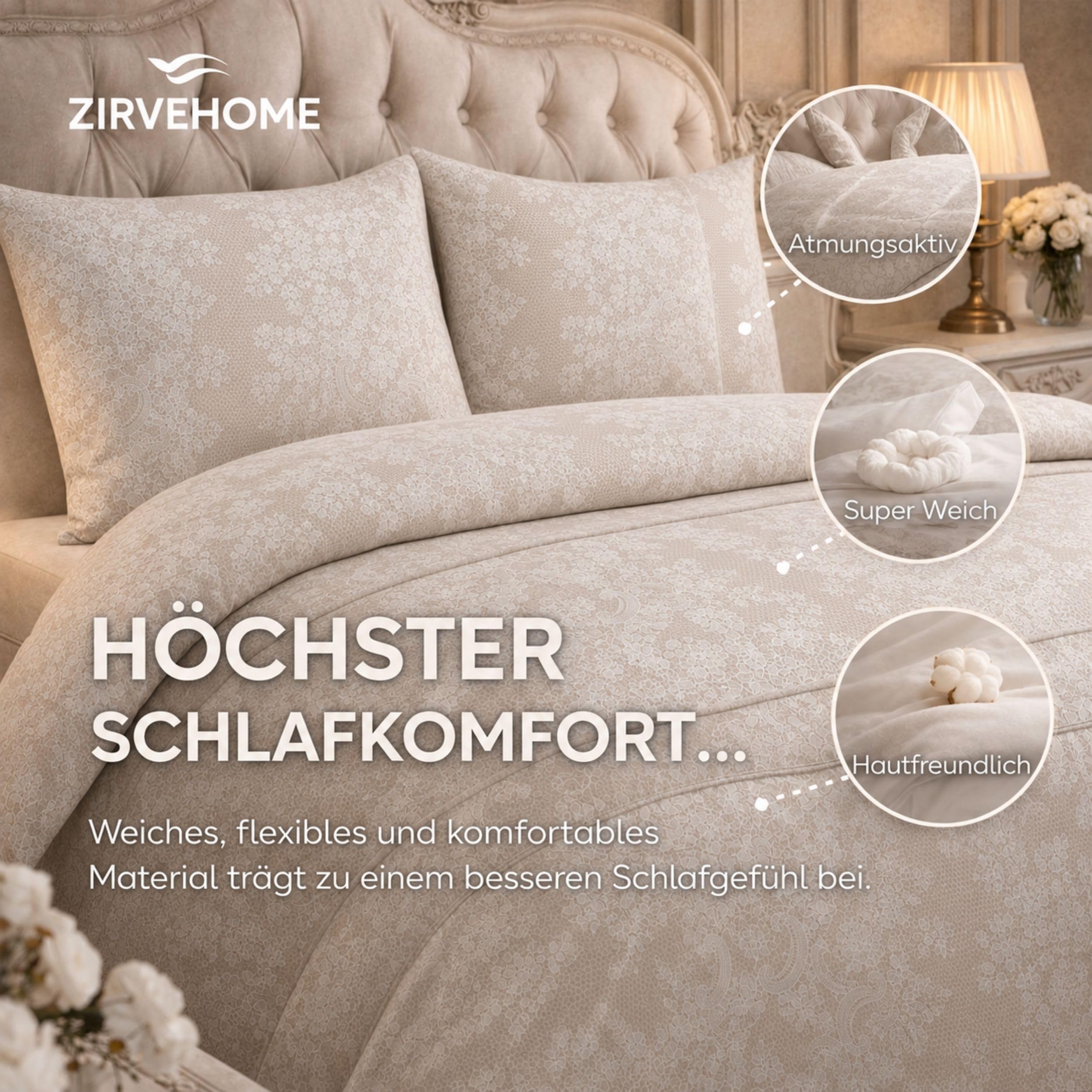 Bettwäsche 155x220 cm 4-teilig – Beige Creme Bettbezug mit Elegantem Spitzen & Ornament Muster – 2x Bettbezüge 155x220 + 2x Kissenbezüge 80x80 – Renforcé Baumwolle – Ganzjahresbettwäsche, Ornella