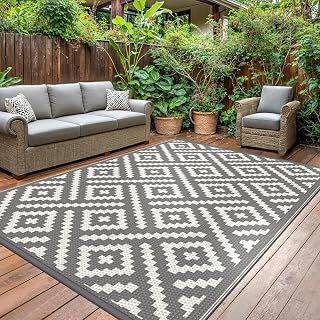 GENIMO Outdoor Teppich Wetterfest Balkon Matte 270x360cm Kunststoff UV-beständig Wasserdicht Pflegeleicht für Terrasse Garten Camping Picknick Grau Weiß