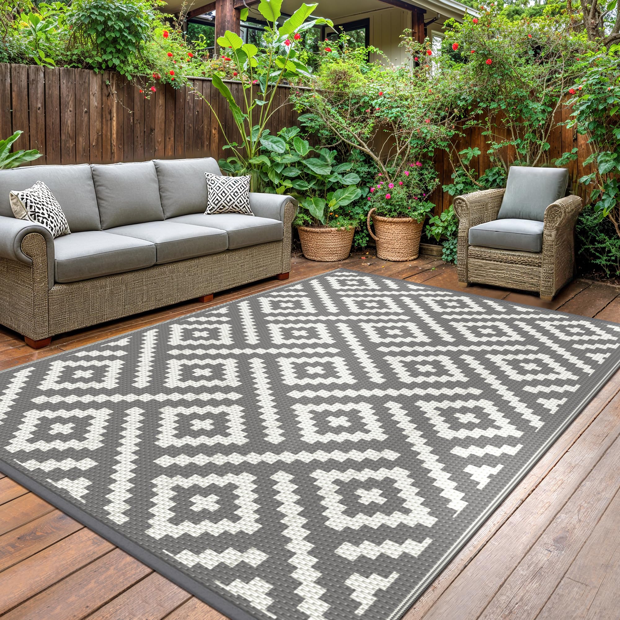 Genimo Outdoor Rug Waterproof Reversible Washable Grey and White 120x180cm | Recycled UV Resistant Modern Area Garden Carpet,Camping Mat, for Patios, Picnic, Backyard and Balcony