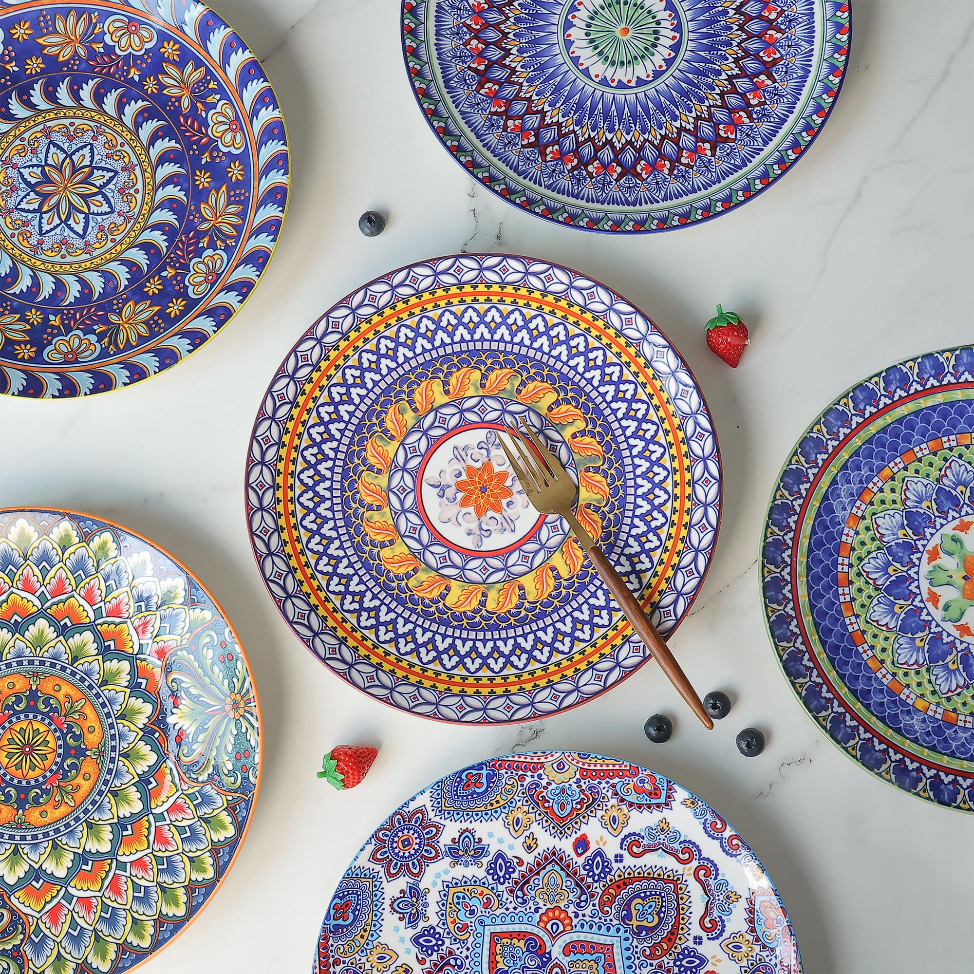 Juego de 6 platos de cocina de porcelana bohemia de 10.5 pulgadas, platos grandes de cerámica para servir platos para cocina y fiesta, aptos para microondas, horno, lavavajillas