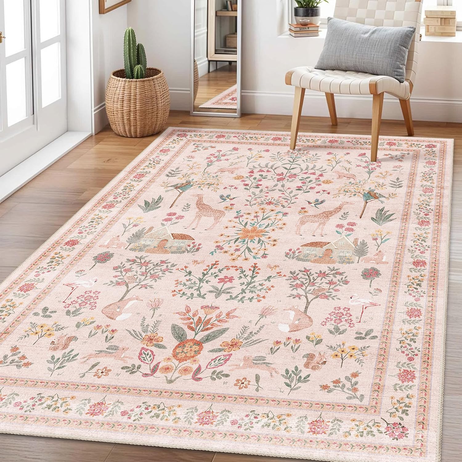 YesRug Pink Rug 3x5, Washable Boho Floral Botanical Animal Area Rug with Non Slip Backing Design,Indoor Soft Low Pile Carpet for Bedroom, Bedside, Kitchen, Kids Room, College Dorm for Girls