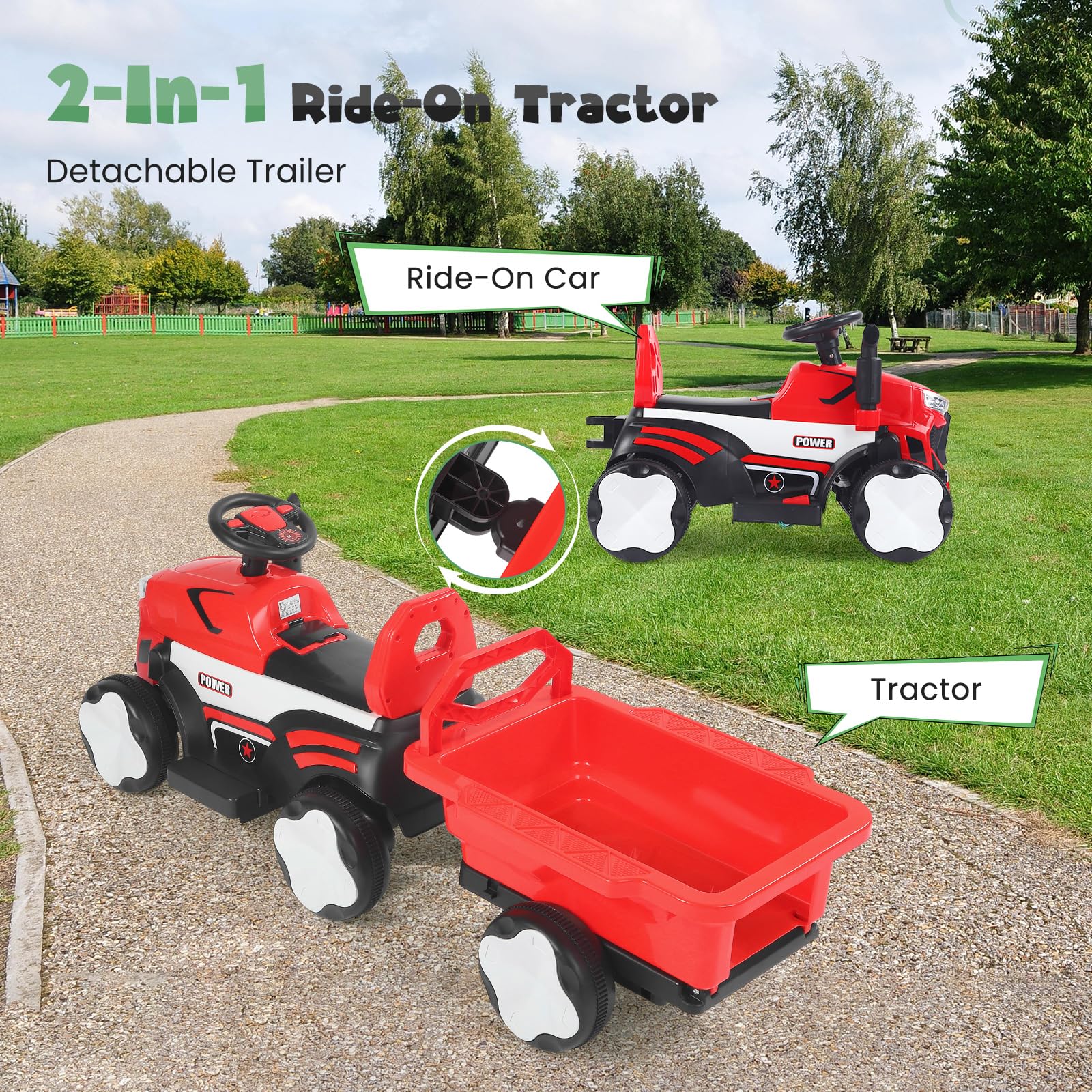 Trattore Elettrico per Bambini con Rimorchio, Telecomando, Luci LED, Musica, Capacità di Carico Fino a 30 Kg, Adatto per Bambini da 3 Anni (Rosso)