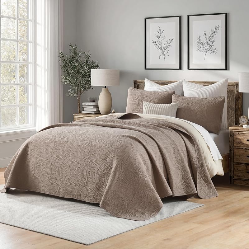 Homzard Quilt King Size Bedding Set, 100% Cotton Mocha Brown King Size Comforter Set,Coin Pattern Bedspread Set,Solid Modern Bedding Coverlet 3 Piece Bed Set, All Season image 2