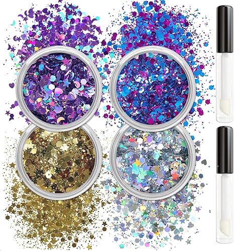Allstarry Purpurina holográfica gruesa para el cuerpo, 4 colores, cosmética con purpurina facial, pintura para ojos, copos de ojos, festivales,