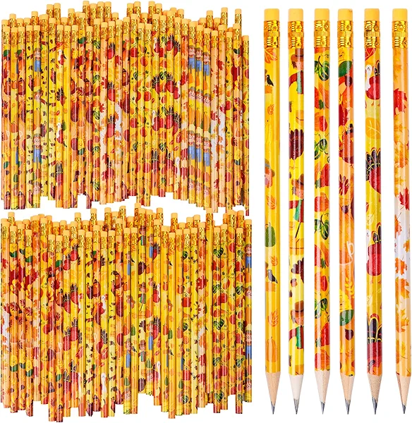 Kolewo4ever 200 Pieces Fall Pencils Thanksgiving Pencils Assortment Cylinder Wood Pencil Maple Leaf Autumn Turkey Pencil for Thanksgiving Pumpkin Autumn Gift,6 Styles