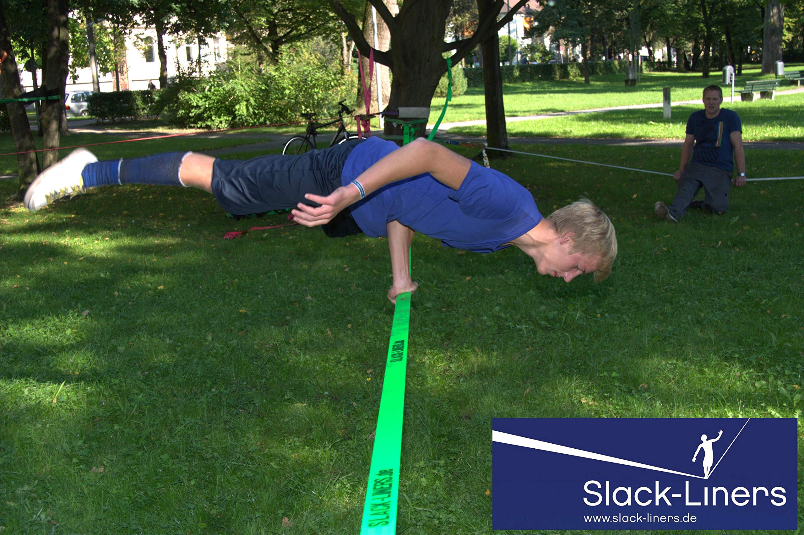 Slack-Liners Slackline Komplett-Set BLAU 6 Teilig - 50mm breit, 25m lang - mit Premium Langhebelratsche Made in Germany