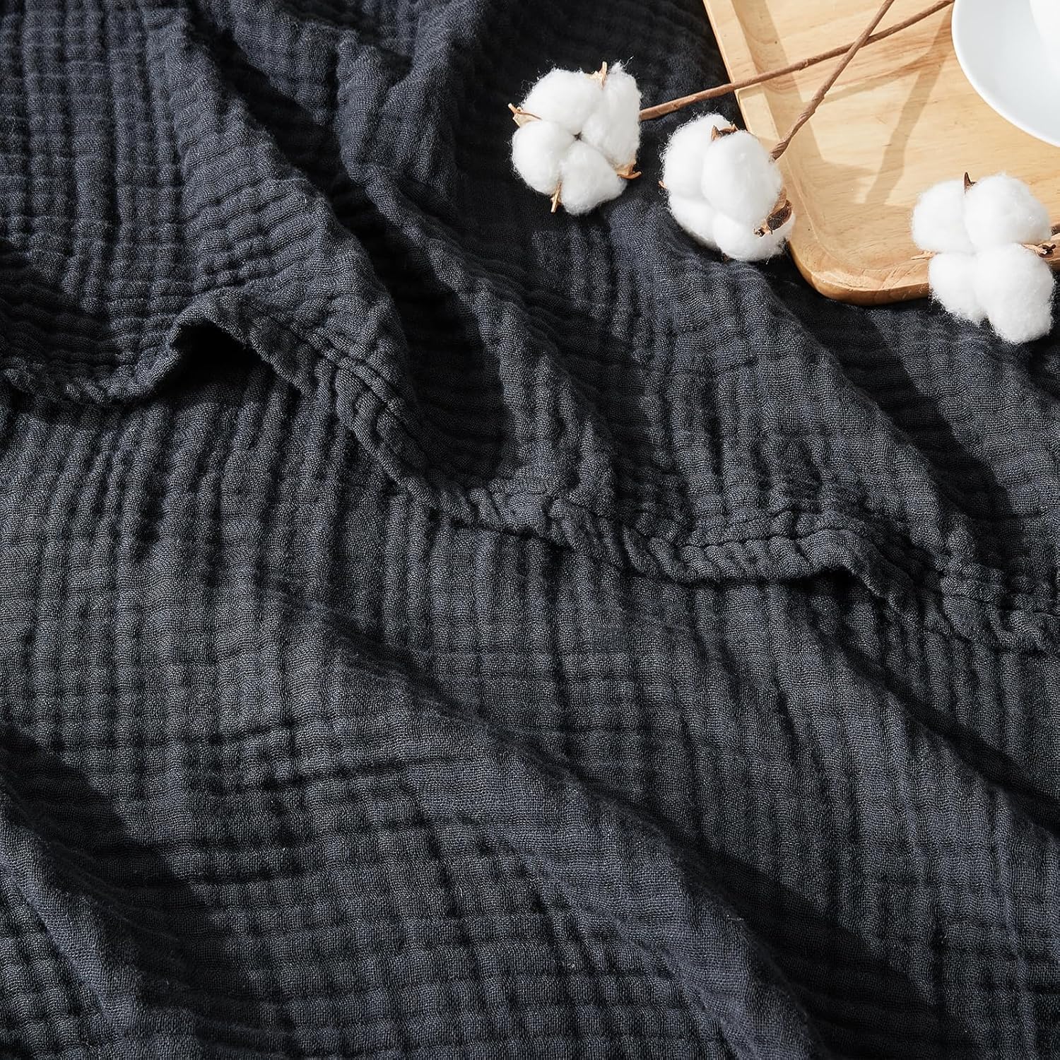 EMME Muslin Blankets for Adults Throw Blanket for Couch Breathable Gauze Soft Lightweight Airy Black King 108" x 90"