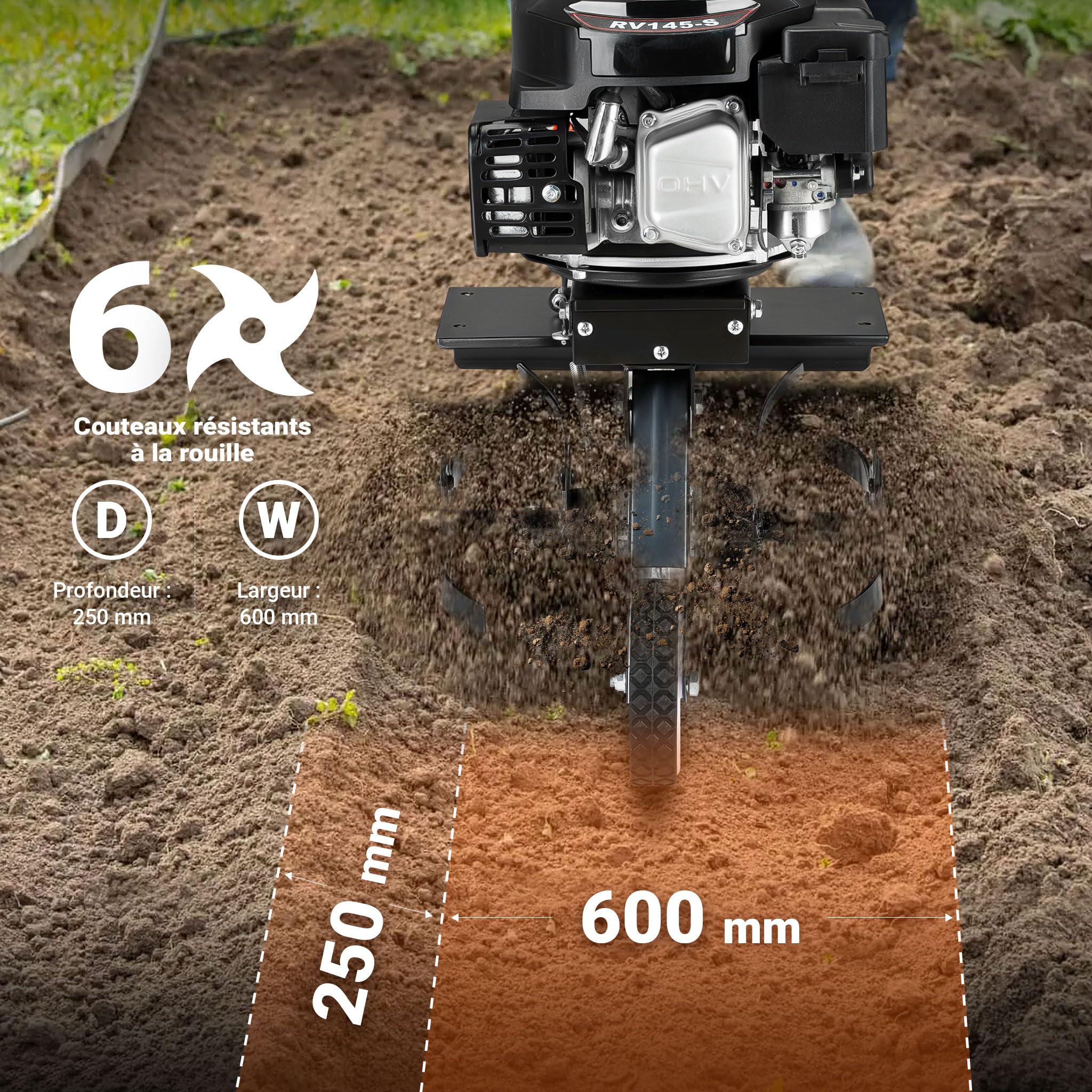 Wiltec Motobineuse 60 cm 2,5 KW 6 Fraises Lames Réservoir 0,8L Profondeur 25 cm Motoculteur Essence Moteur OHV Aérateur Scarificateur Travail Sol Ergonomique Outil Jardinage