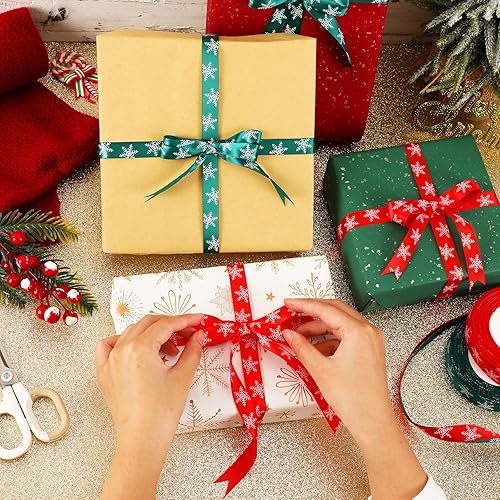 Miniatura 4 de DECYOOL - 4 rollos de cintas de Navidad de copos de nieve de 100 yardas para envoltura de regalos, cinta de satén roja y verde de 0.59 pulgadas de