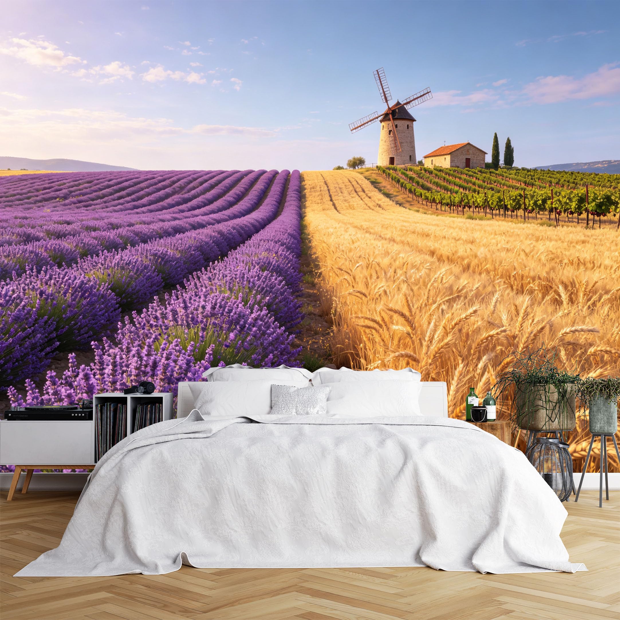 Custom Size Wall Murals Lavender and Wheat Field with Windmill at Sunset Wall Murals, HD Self-Adhesive Removable Wallpaper for Living Room Lounge