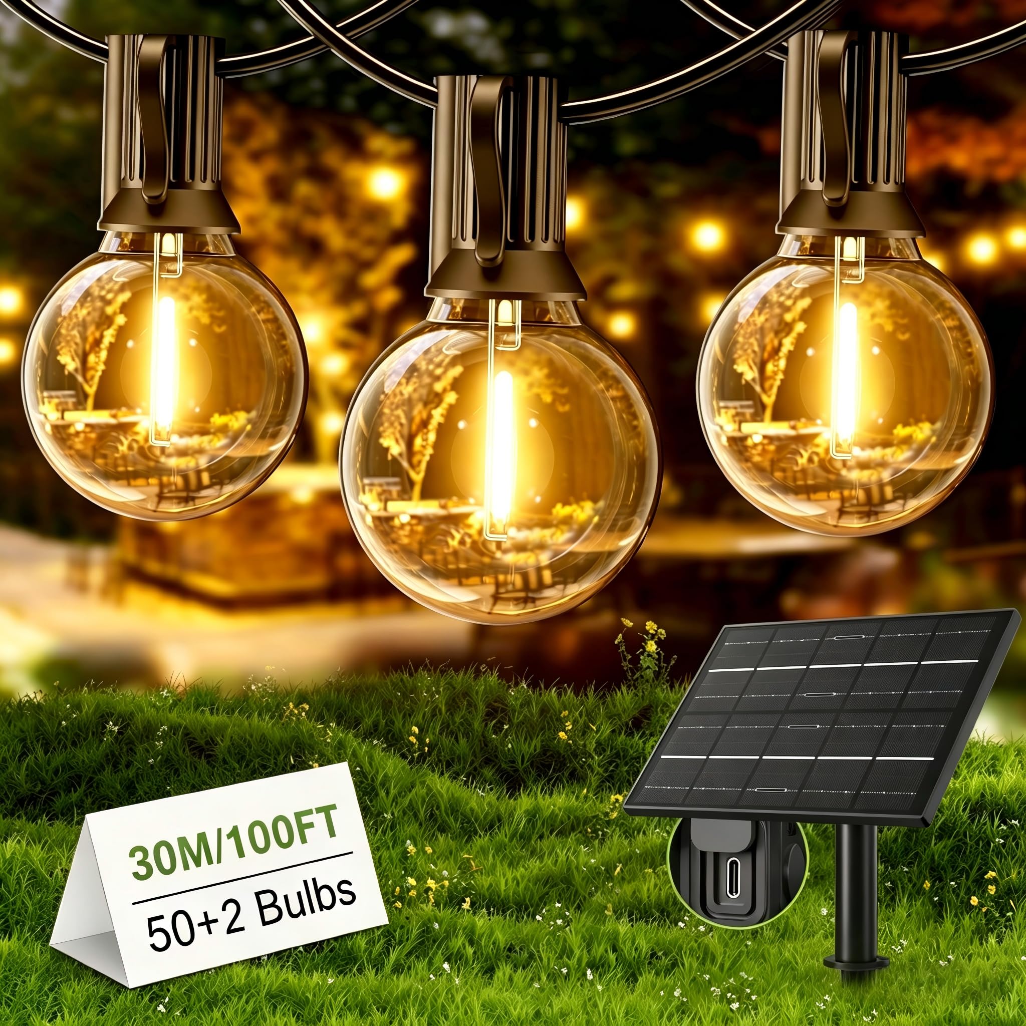 Yuusei Solar Lichterkette Outdoor, 30M Lichterkette Außen, IP65 Wasserdicht & 2700K Warmweiß, 50+2 G40 Dimmbar Aussen LED Glühbirnen Lights für Garten, Pavillon, Balkon, Camping, Party, Hochzei