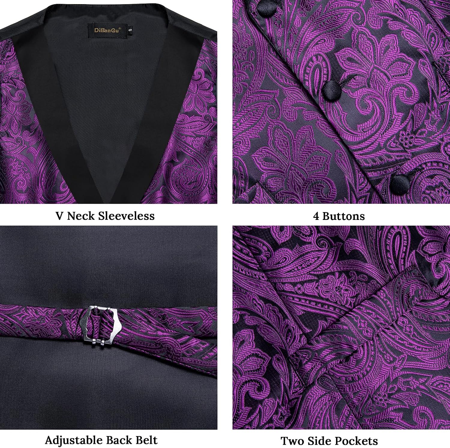 DiBanGu Mens Paisley Suit Vest Silk Jacquard Waistcoat and Necktie Set Formal Shawl Collar Dress Vest 7PCS for Wedding Party