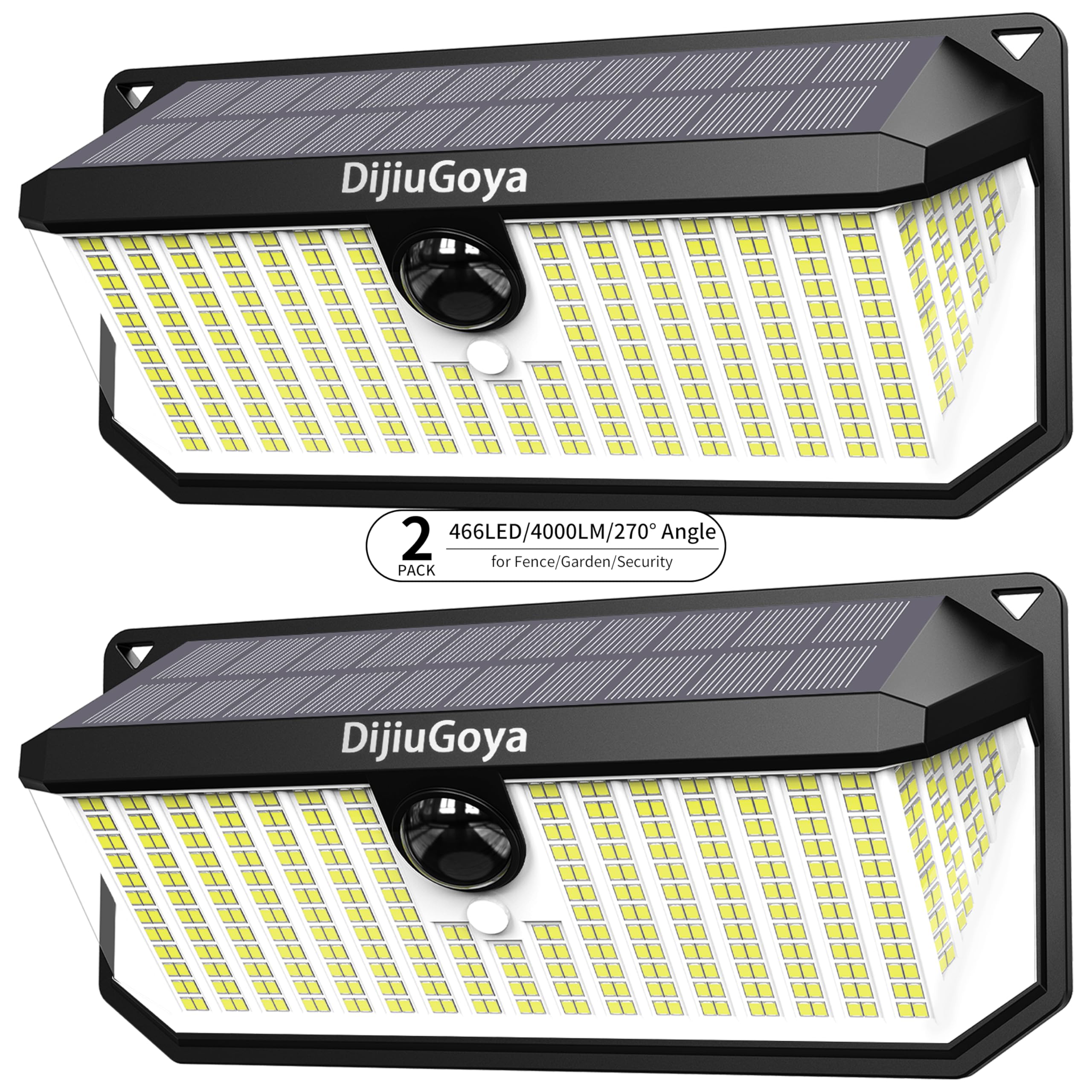 DijiuGoya 466 LEDs Solar Security Lights Outdoor with Motion Sensor, 2-Pack