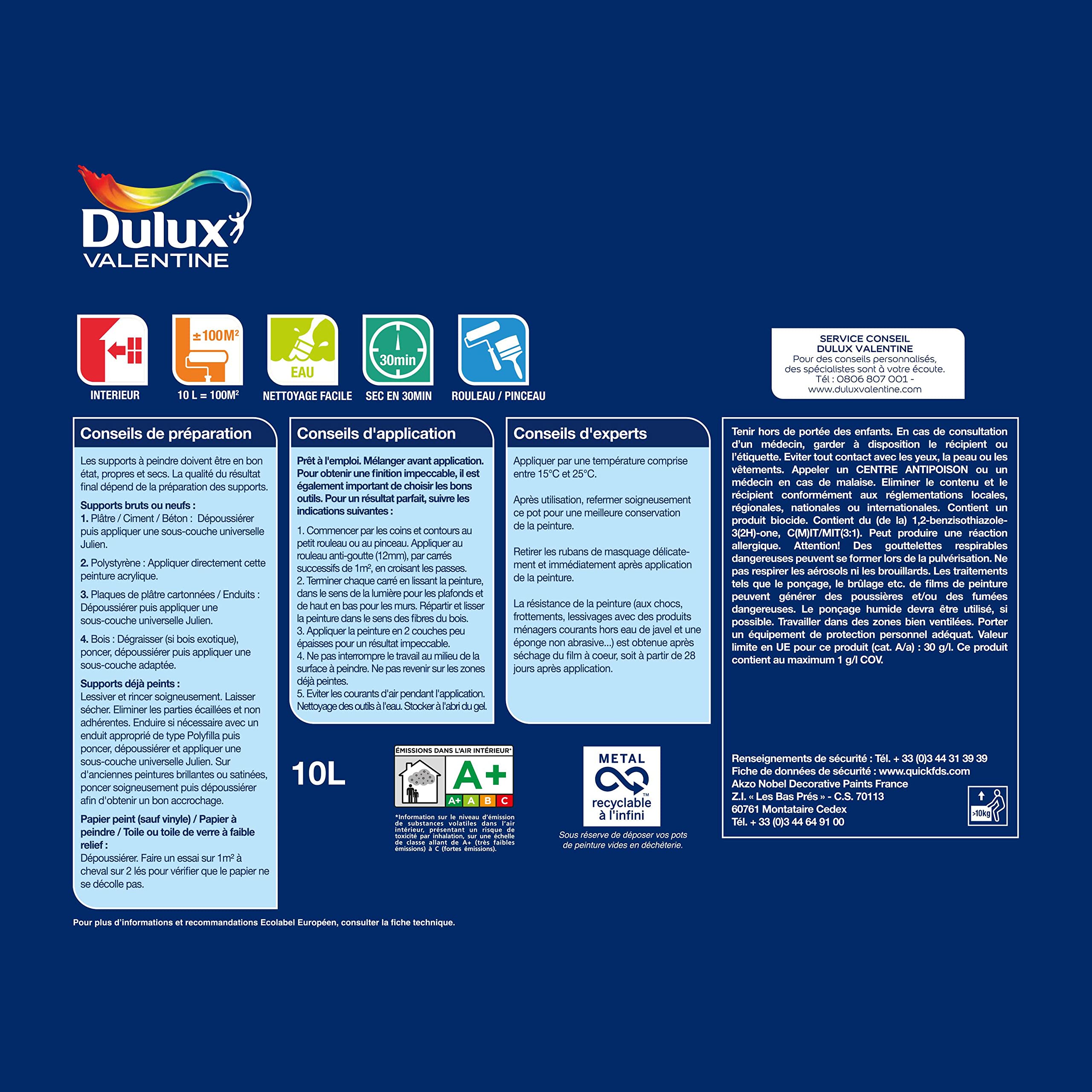Ma Couleur Sur-mesure par Dulux Valentine – Peinture Intérieure Murs, Plafonds, Boiseries - Facile à appliquer - Satin Voile Blanc 10 L