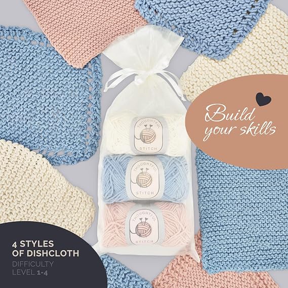 Thoughtful Stitch Knitting Kits for Beginners Adults – Knitting Needle Set - Make Your Own Dishcloth – Craft Kits for Adults – Includes Bamboo Knitting Needles and Yarn Needle – Fantastic Gift