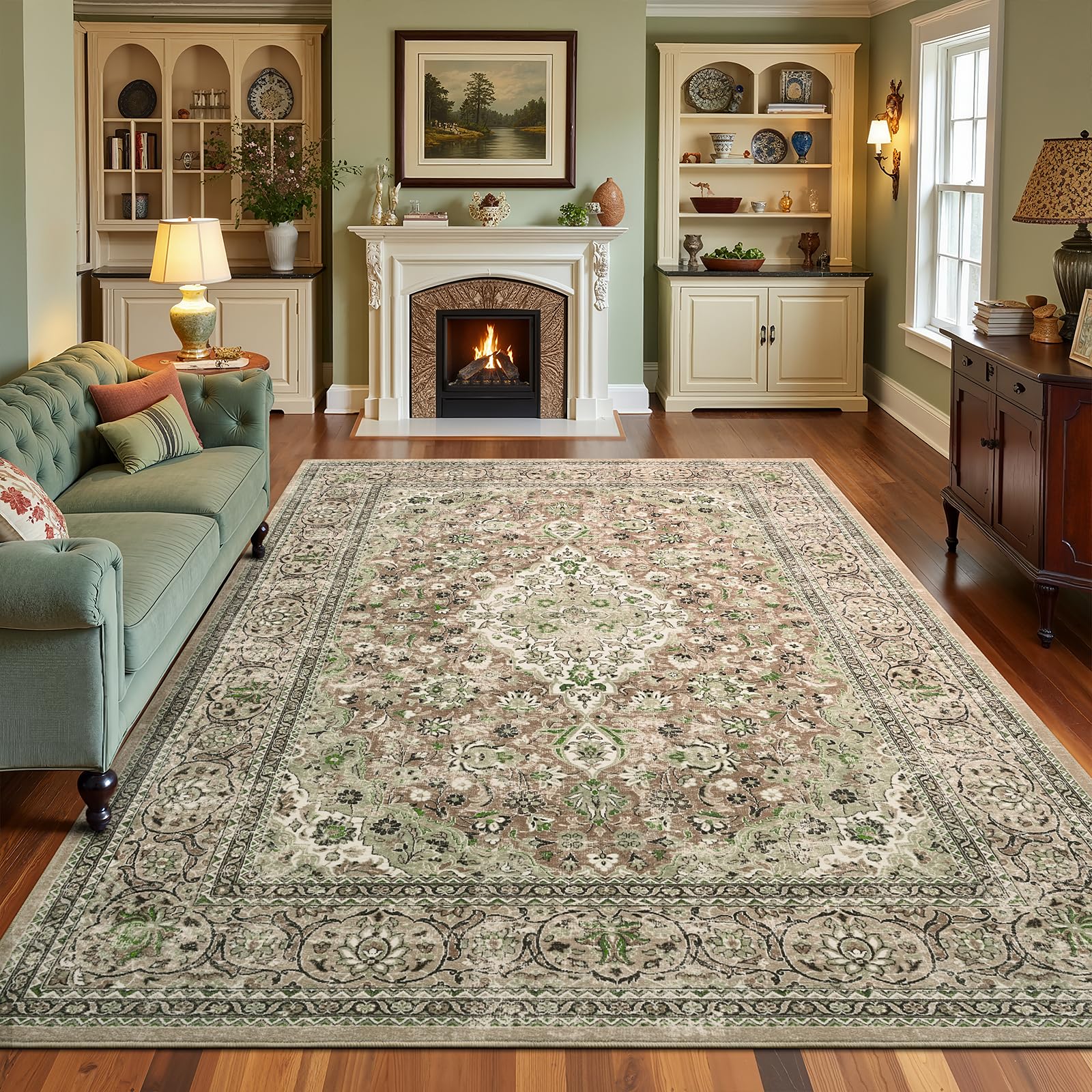 Flagover Green Washable Boho Area Rug, 6x9 Vintage Floral Non Slip Rugs for Living Room Bedroom, Soft Low Pile Indoor Mat, Aesthetic Pattern Carpet