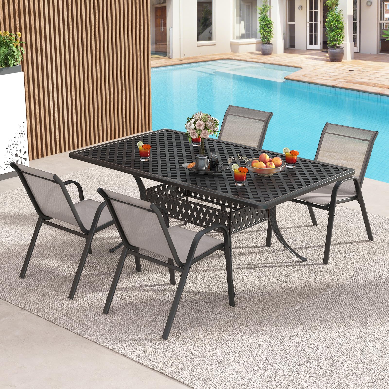 COSTWAY Lot de 2/4 Chaises de Jardin Exterieures avec Cadre en Métal, Chaise de Salle à Manger Empilable en Tissu Respirant, Fauteuil d'Extérieur pour Cour, Balcon, Piscine, Charge 150 KG (Gris,4)