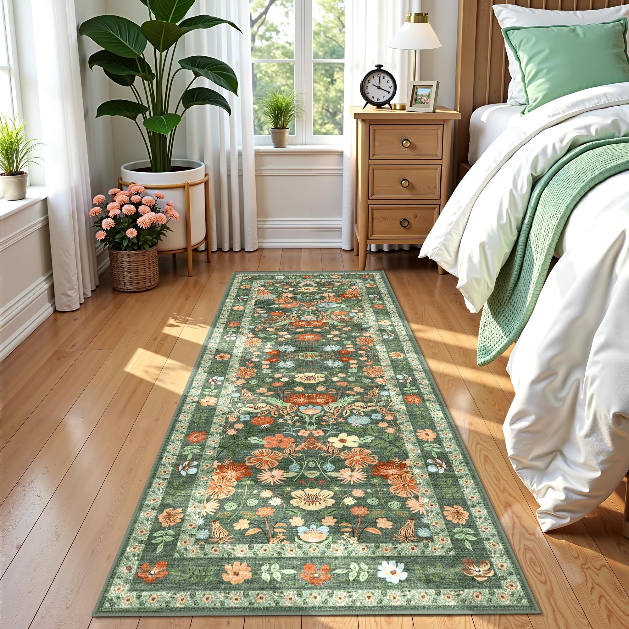 Deerly Green Floral Runner Rug 2x6 for Hallway Vintage Boho Washable Bathroom Kitchen Bedroom Runner Rugs Non-Slip Soft Low Pile Thin Indoor Carpet