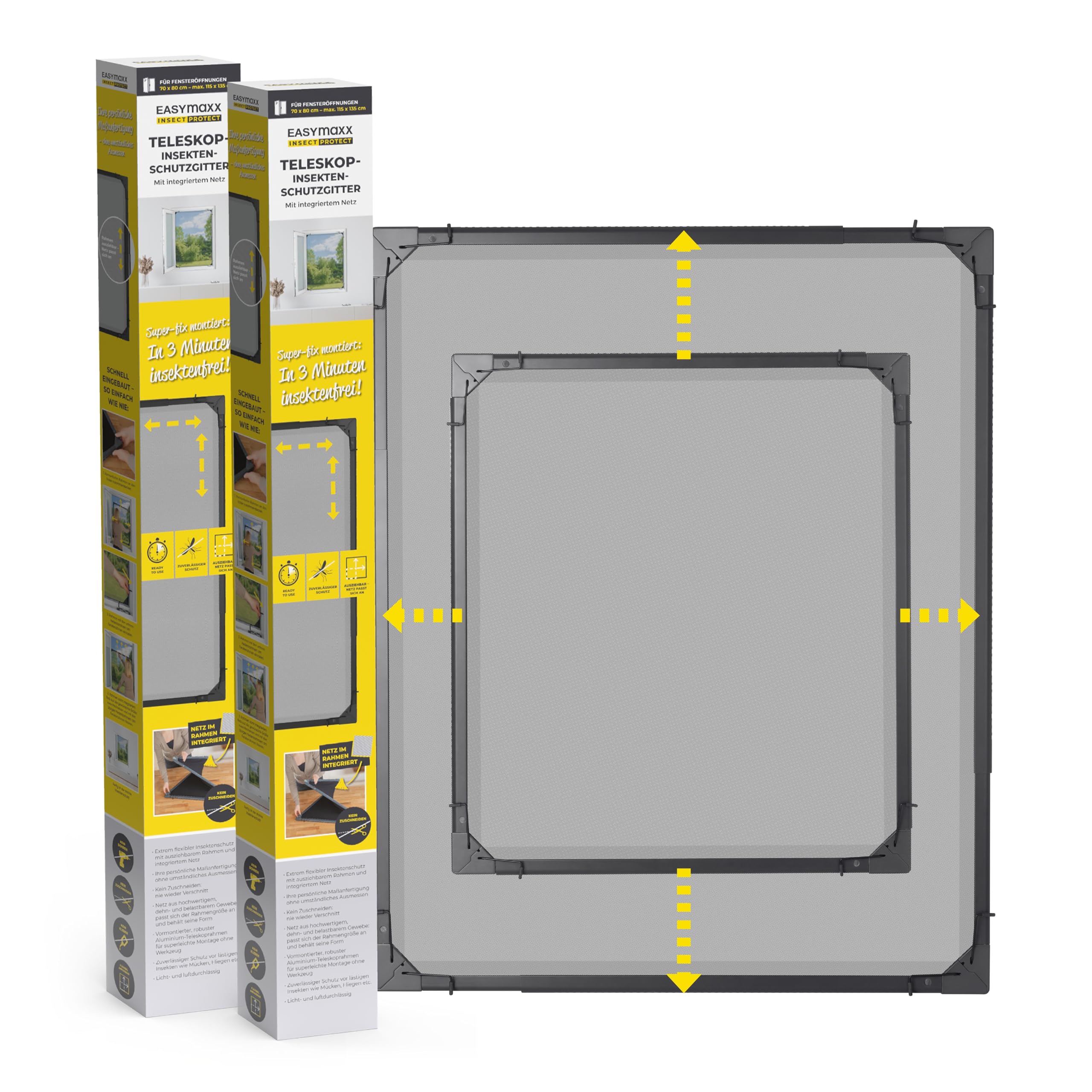 Easymaxx Charcoal 14883 Insect Protect Teleskop-Insektenschutzgitter Telescopic Screen, Fenster-2 Stück