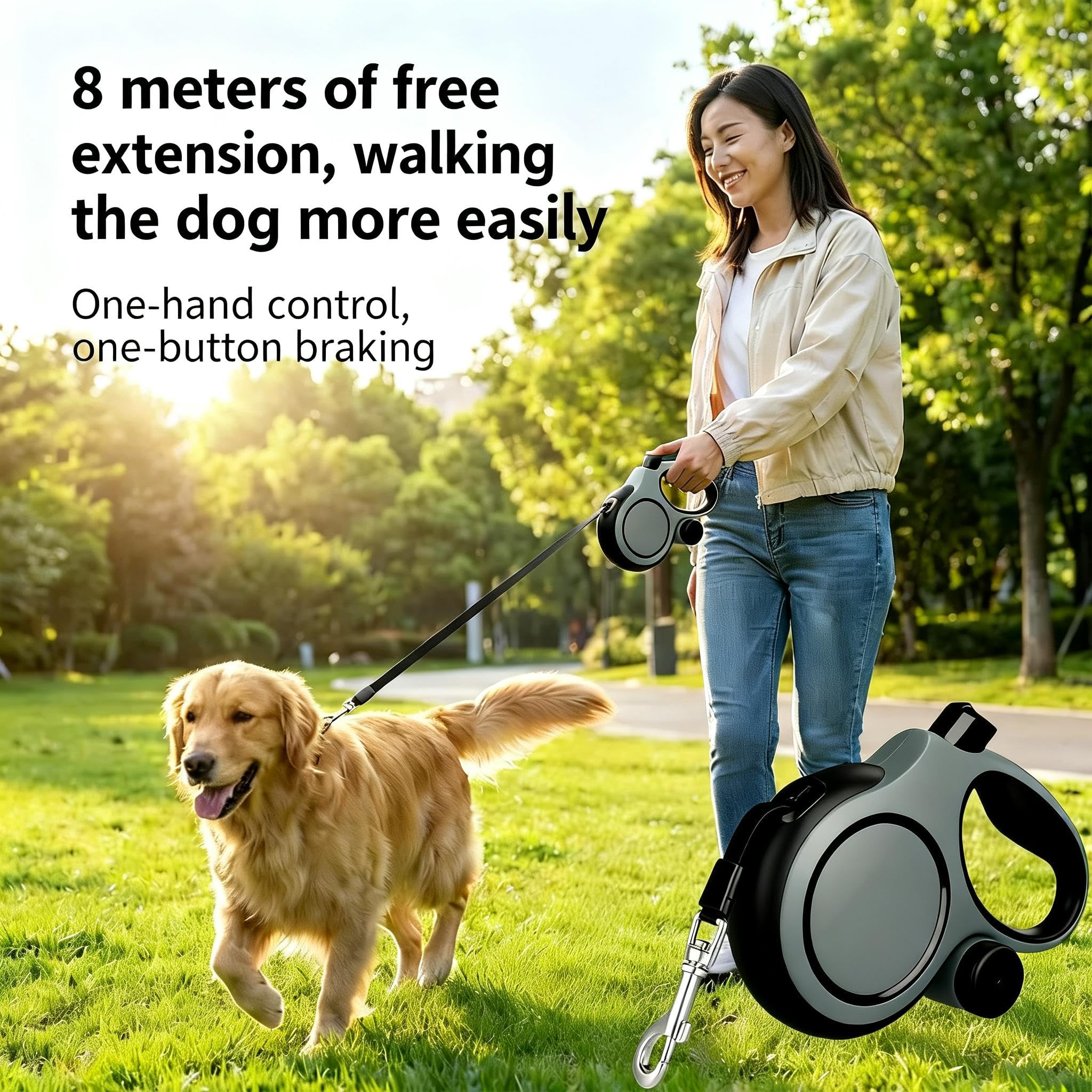Angel Living Correa Retráctil para Perros de 8 m, con Botón de Bloqueo y Bolsa para Recoger los Excrementos, Antitorsión de 360°, Muy Resistente (hasta 50 kg)