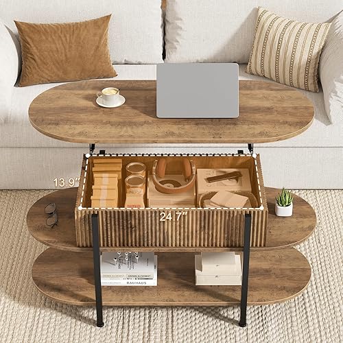 Miniatura 6 de FABATO Mesa de Centro Ovalada de 41.7" con Tapa Elevable, Mesa Central de Madera Acanalada con Almacenamiento Oculto, 3 Niveles de Mesas Pequeñas