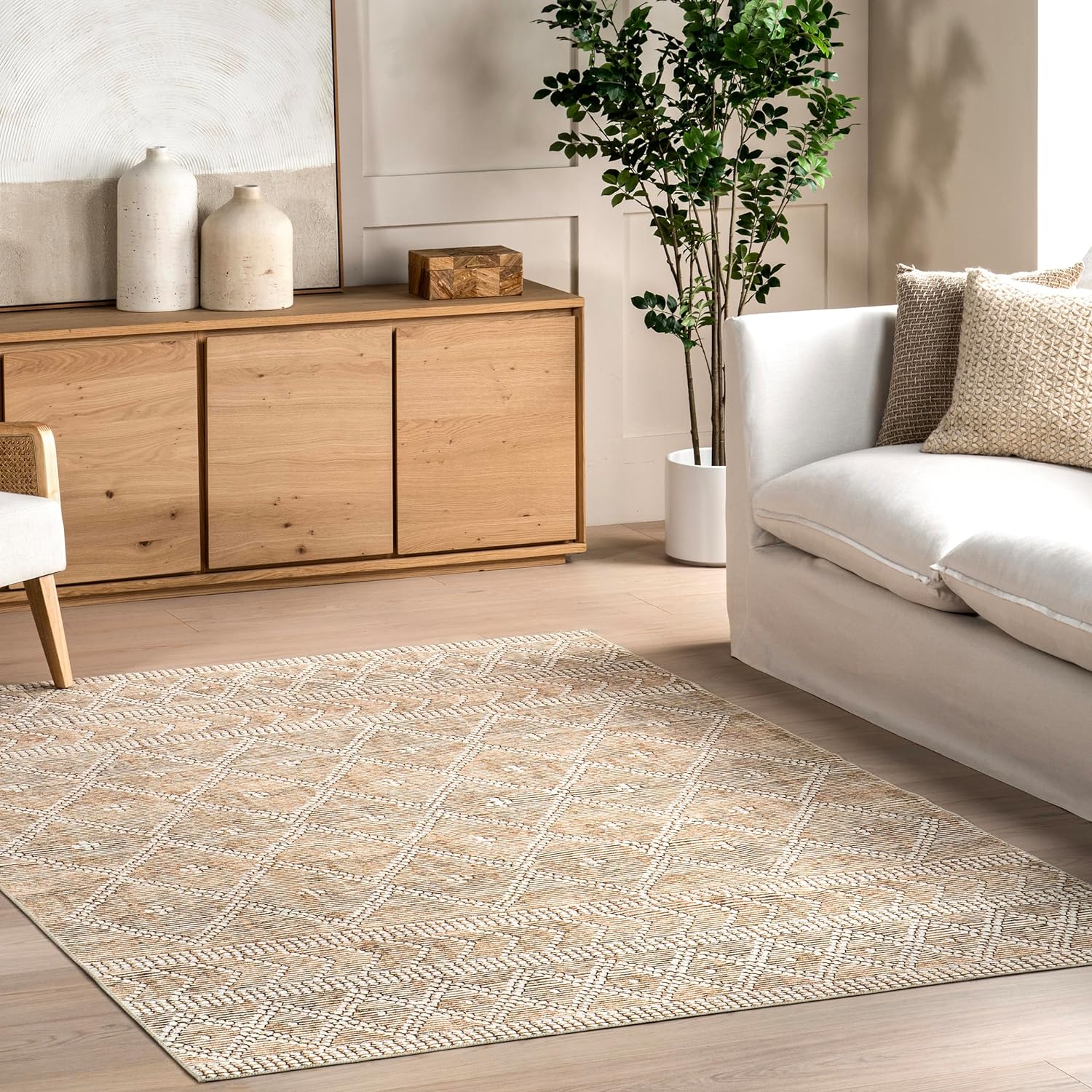 Nuloom Splashguard Úna Tan/Ivory, 9' x 12', Geometric, Soft and Cozy, High Traffic, Stain Resistant, Easy Clean, Durable, Machine Washable Area Rug for Bedroom, Living Room, Dining, Den, Foyer