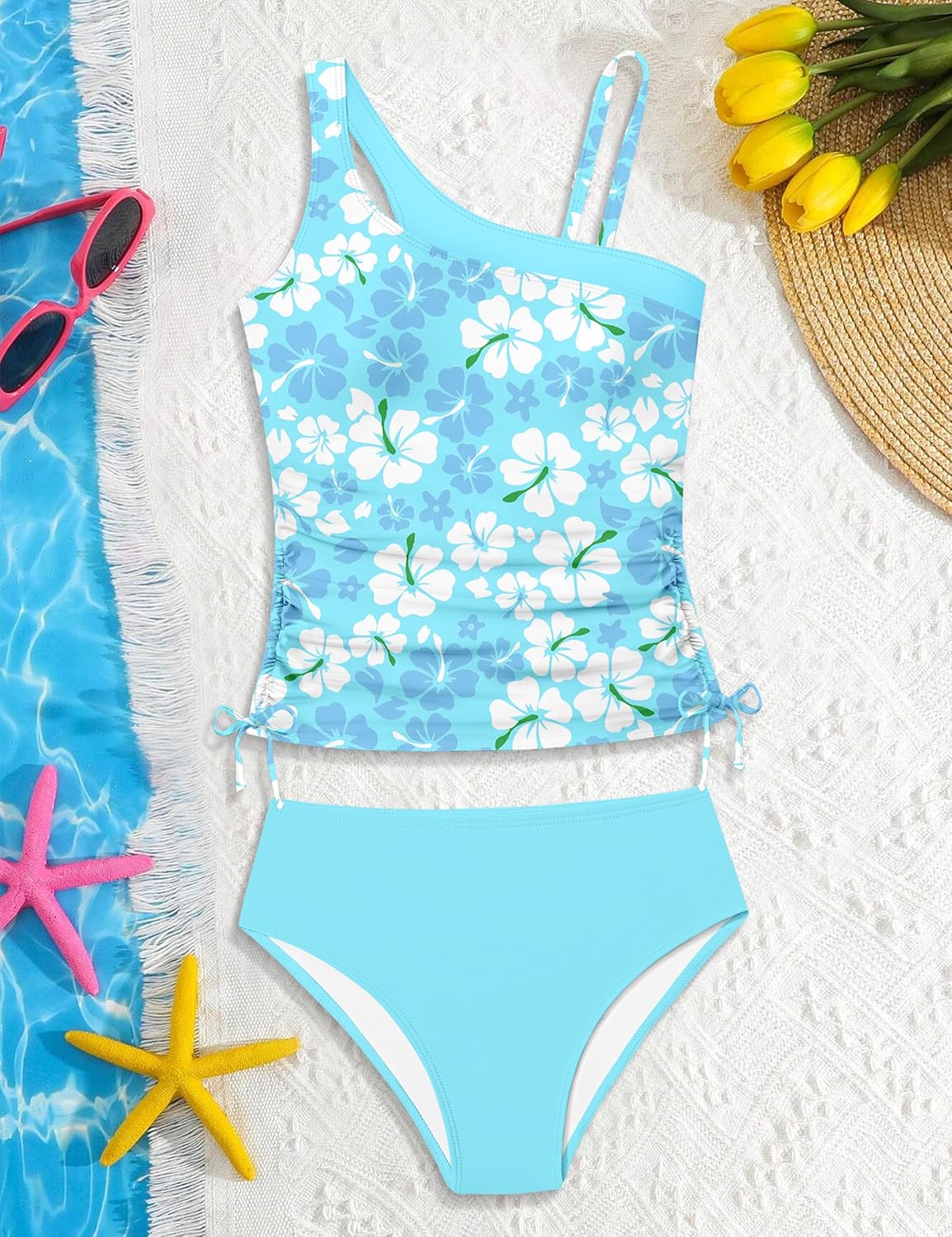 AGAPENG Girls Swimsuit Two Piece One Shoulder Tankini Floral Print Drawstring Swimwear Set 7-14Y - Image 5