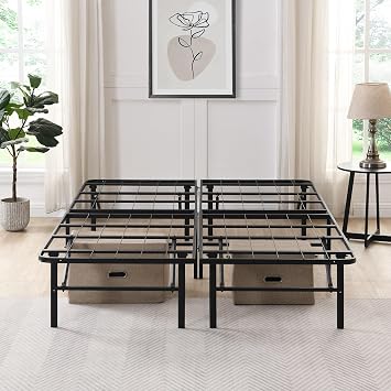 Queen Metal Platform Folding Bed Frame 14 Inch High Queen Size Box Spring Replacement Heavy Duty Steel Slat Easy Assembly Under-Bed Storage, Black Queen