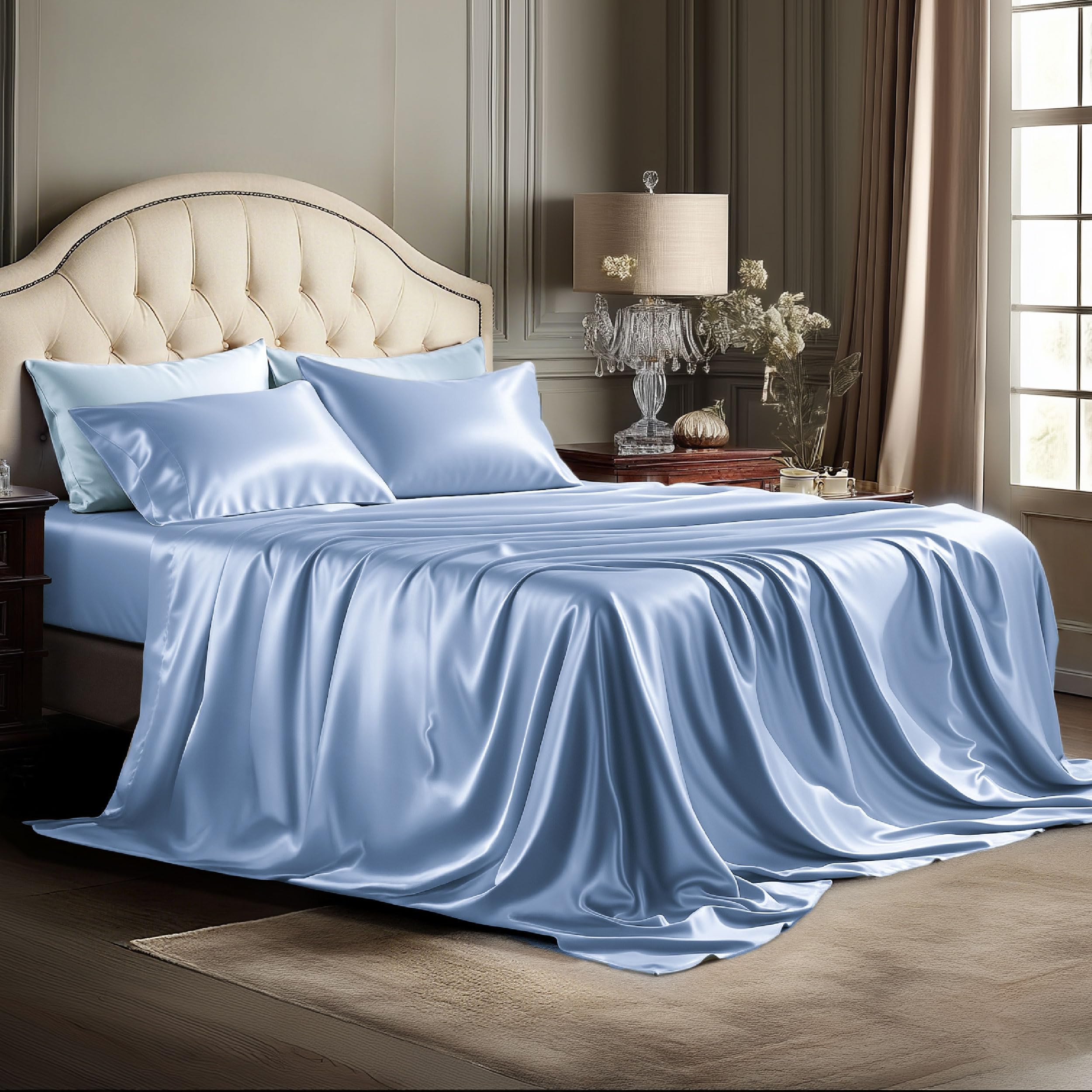 Bedsure Satin Sheets King Size - 4 Piece Silky Bedsheets with 15 Inches Deep Pocket Fitted Bedsheet,1 Flat Sheet, 2 Satin Pillowcases, Good for Hair &