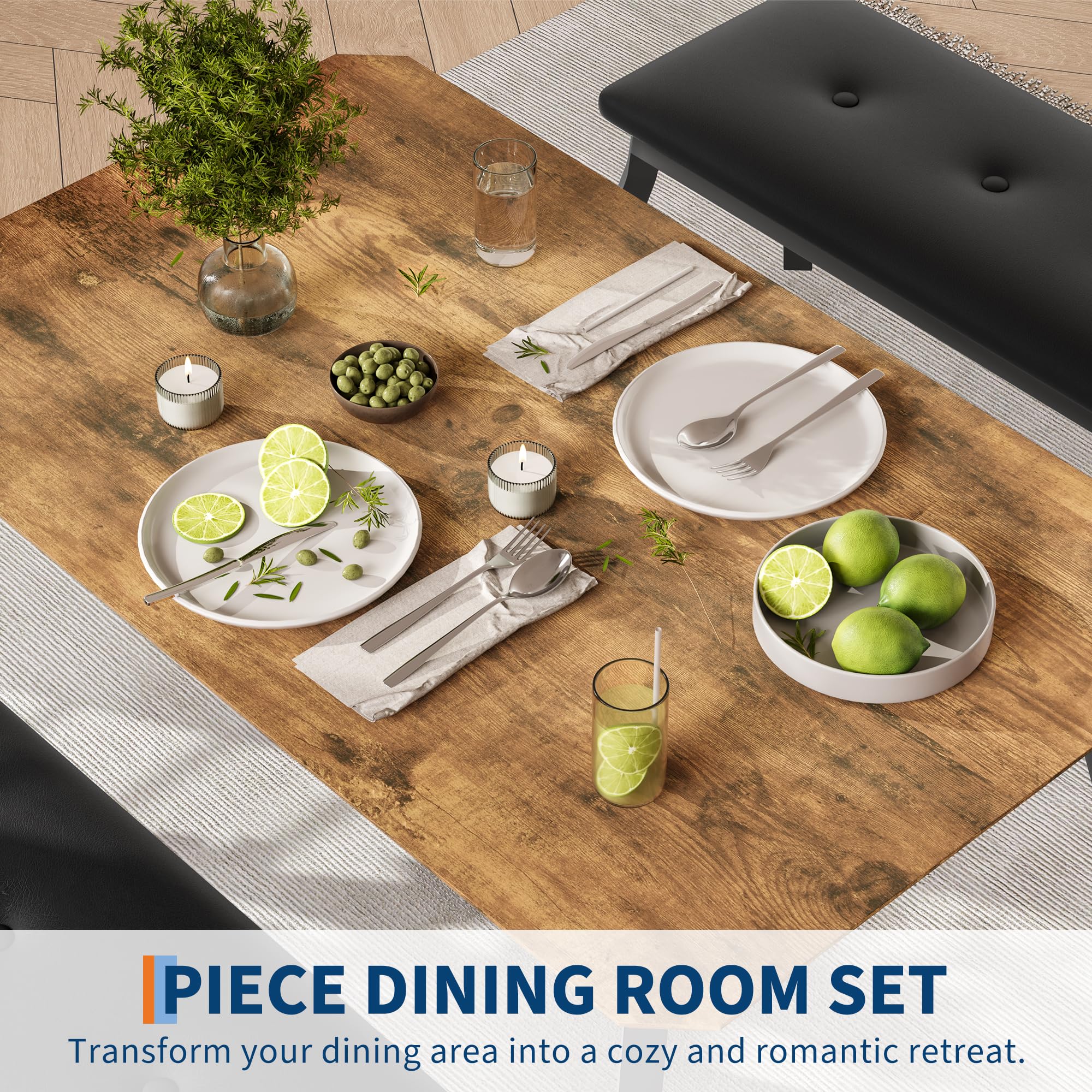 Set di 3 pezzi con tavolo da pranzo salvaspazio per 4 persone, con panca imbottita, moderno, rettangolare, in legno, tavolo e 2 comode panche in pelle PU, per sala da pranzo, cucina, bar, ristorante