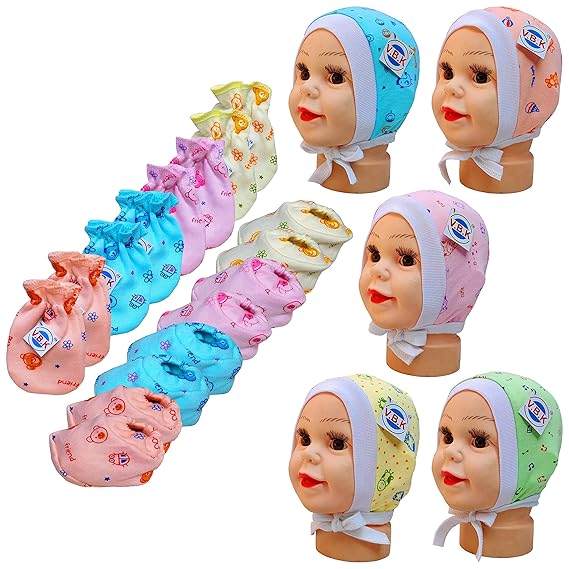 V.B.K Baby Boy and Baby Girl Mittens Booties and Cap Set, 4 Pair Of Hand Mittens, 4 Pair Of Leg Booties and 5 Piece Of Cap, Pure Hosiery Soft Skin Friendly Fabric, 0 Months to 6 Months