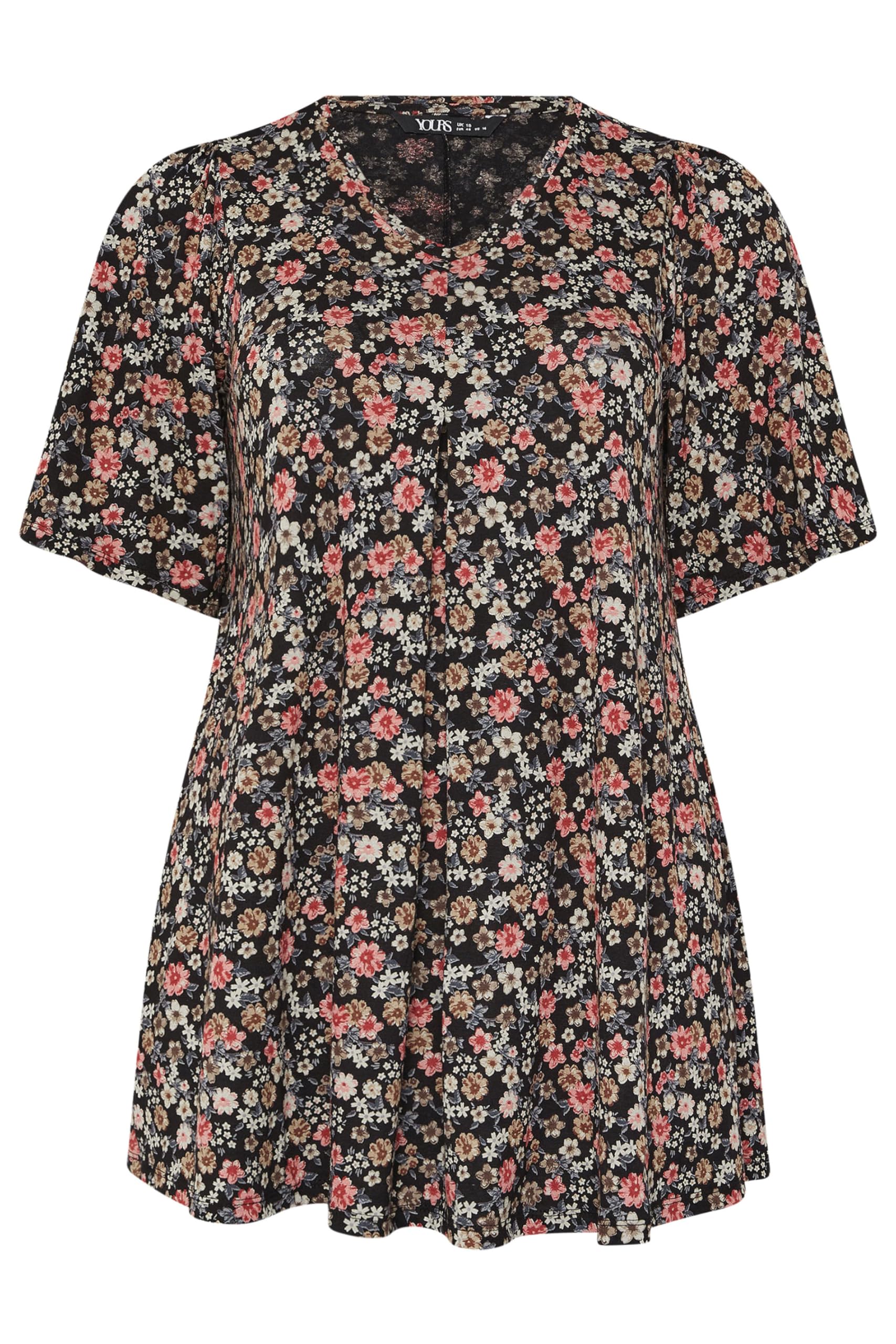Yours Women's Black Curve Floral Pleat Top - Plus Size Curve